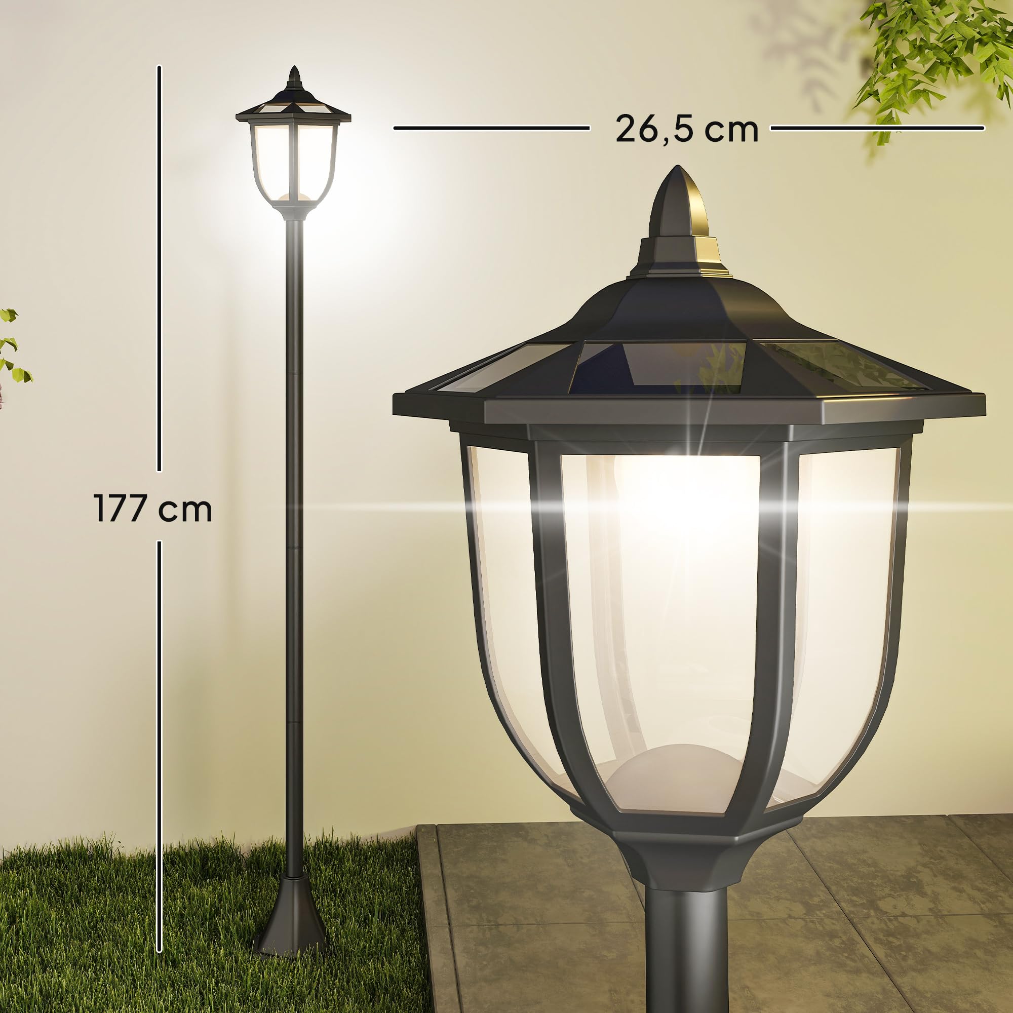 Outsunny Farola Solar con Panel Solar a Cargar Batería Protección al Ambiente 6 LED Perfecto para Noche Encendido Automático Autonomía de 6 Horas Instalar Fácil Negro Ø26,5 x 177cm