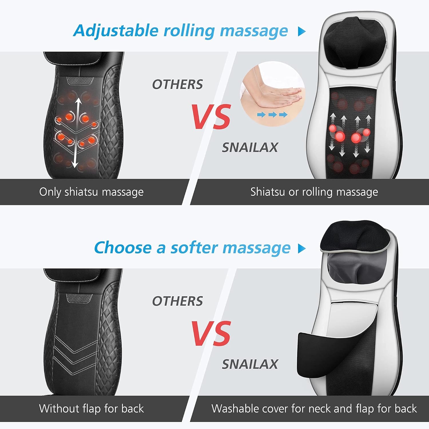 Snailax Neck and Back Massager with Heat, Shiatsu Back Massager for Back Pain, Kneading,Rolling Massage Seat Cushion,Full Body Massage Chair Pad,Seat Massager for Chair,Ideal Gifts