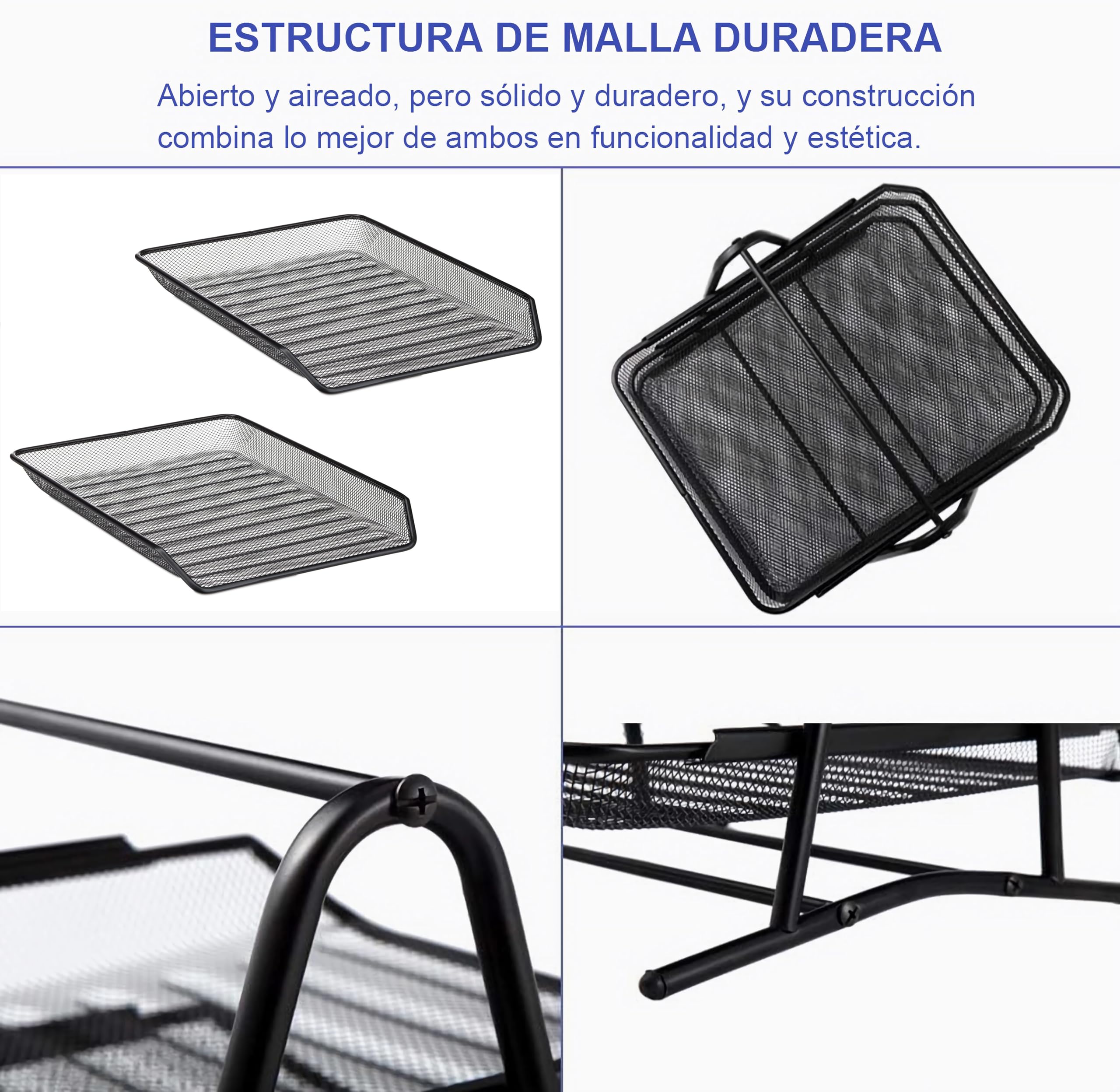 Organizador de Escritorio Malla Metálica 2 Bandejas Soporte Archivos A4 Estante Apilable 2 Niveles Negro