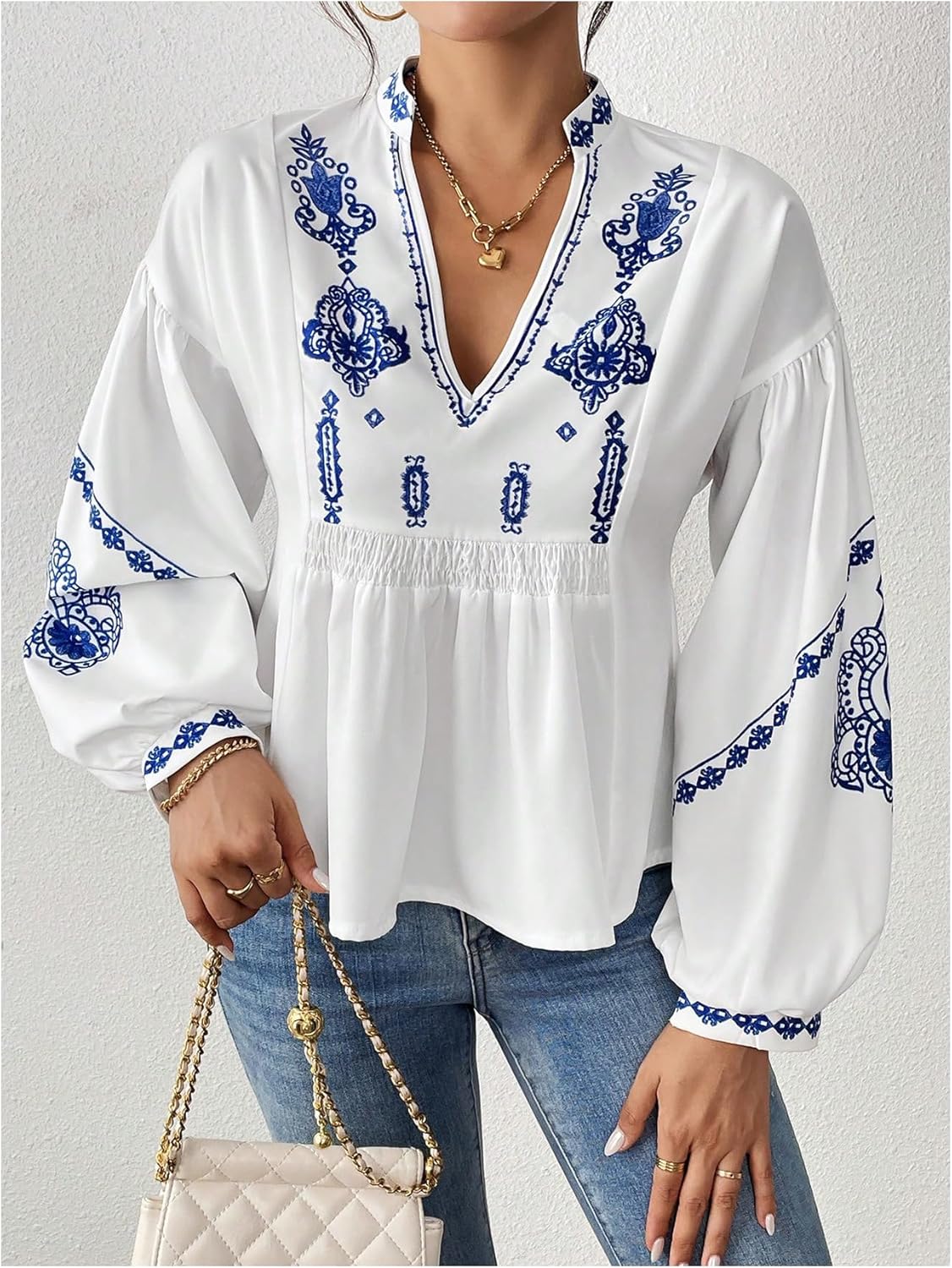 GORGLITTER Women's Boho Peasant Blouses Bishop Long Sleeve V Neck Babydoll Tops - Image 4