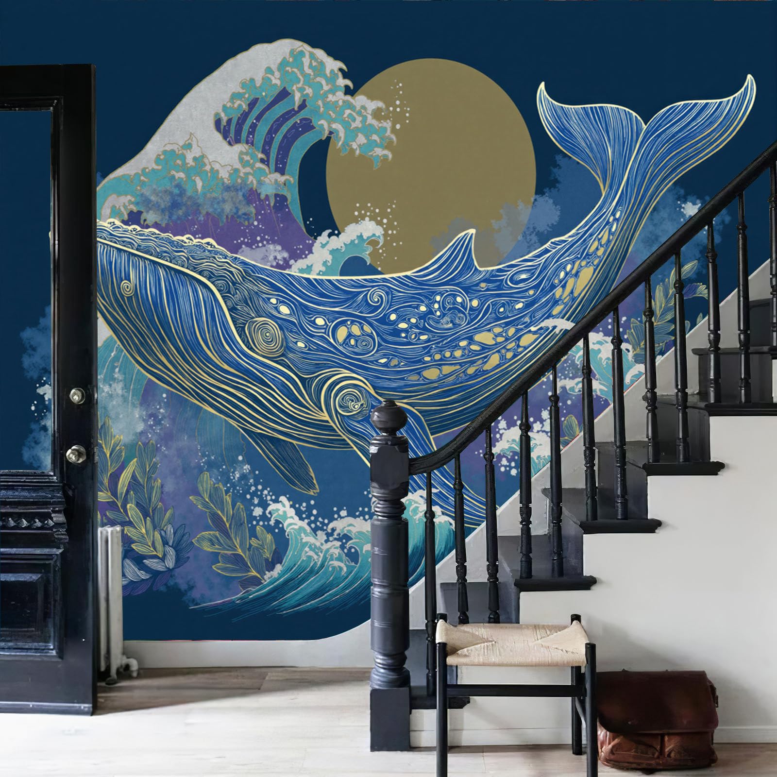Papier peint panoramique baleine bleue style japonais pour transformer un mur blanc en salon zen