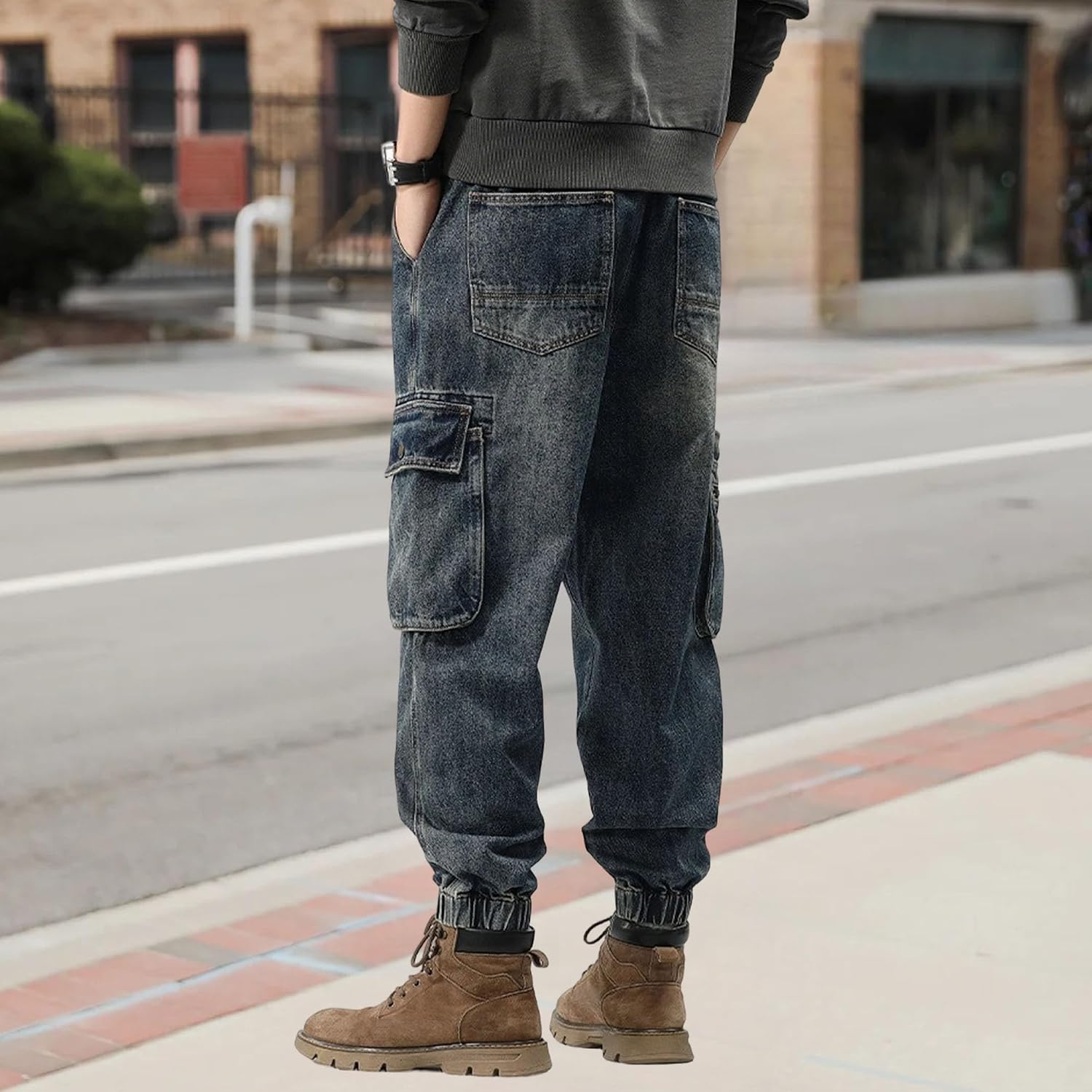 Men Outdoor Leg-Binding Denim Pants Casual Wild Multi Pocket Wash Jeans Fashion Vintage Loose Drawstring Trousers