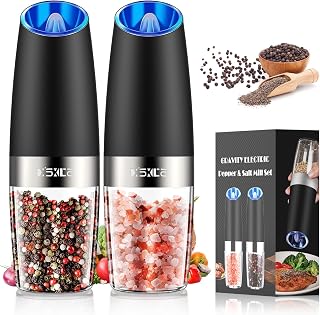 XinXu Gravity Electric Pepper and Salt Grinder Set, Adjustable Coarseness, with LED Light, One Hand Automatic Operation (Set/Black X)