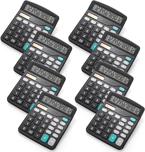 Paquete de 8 calculadoras de escritorio de 12 dígitos, calculadora básica de batería solar, calculadoras electrónicas de doble potencia con pantalla
