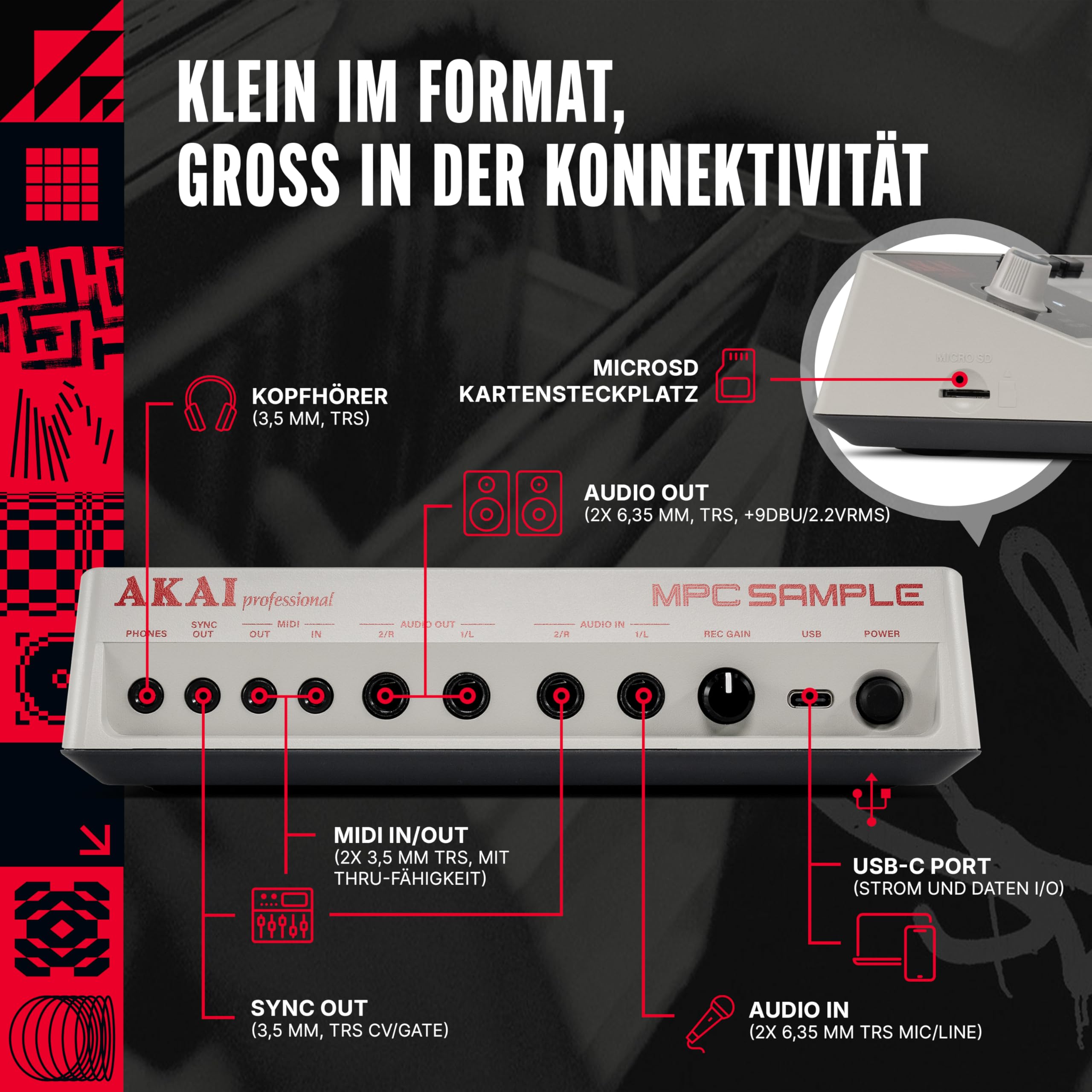 Akai Professional MPC Sample - Standalone Portable Sampler, Sequenzer und Effektprozessor mit Akku, USB-C, integriertem Lautsprecher und Mikrofon
