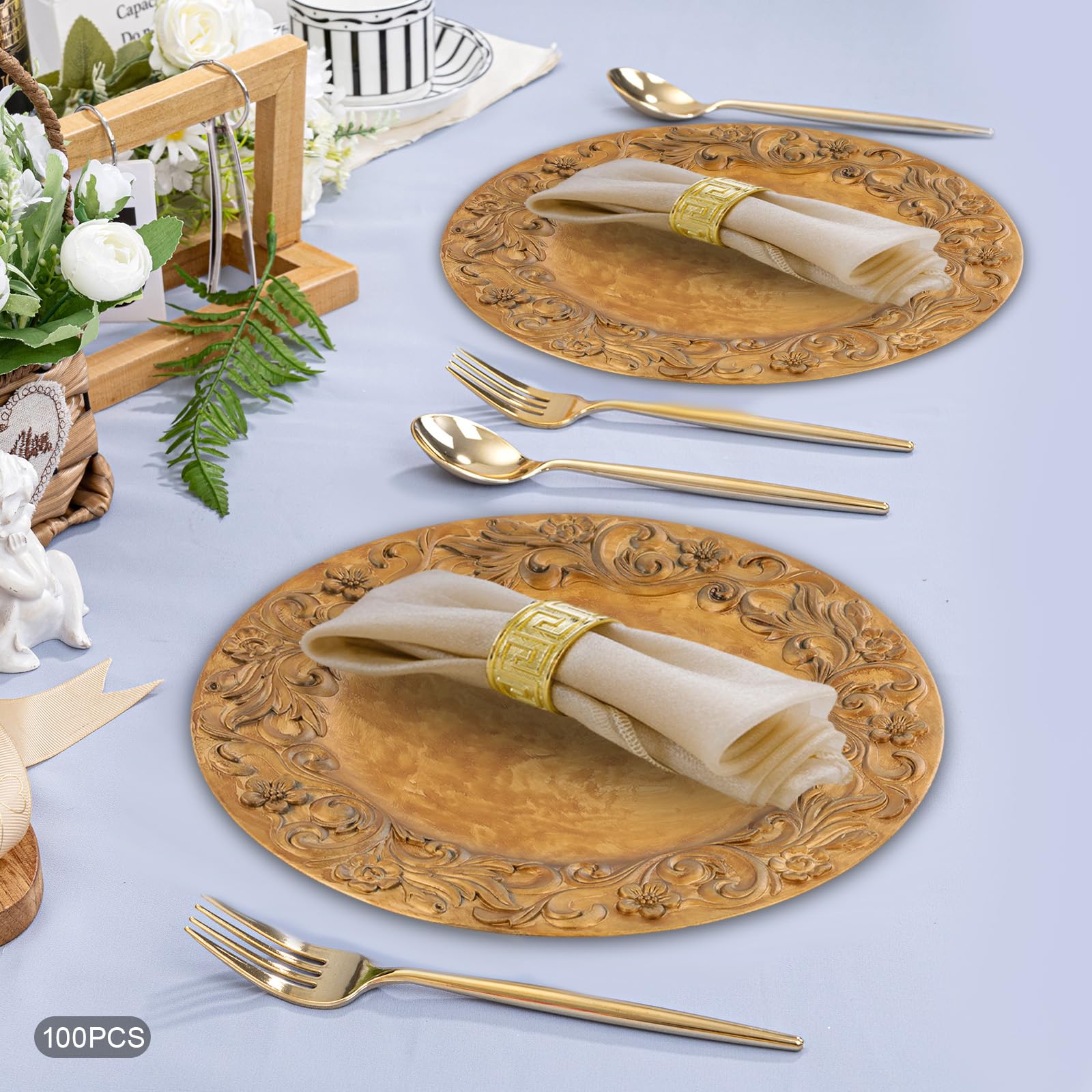 100 Stück Goldene Wiederverwendbare Platzteller, 33cm (Muster-C) | European Retro Einfarbige Unterteller, Runde Mehrweg Servierteller für Hochzeit, Party, Restaurant