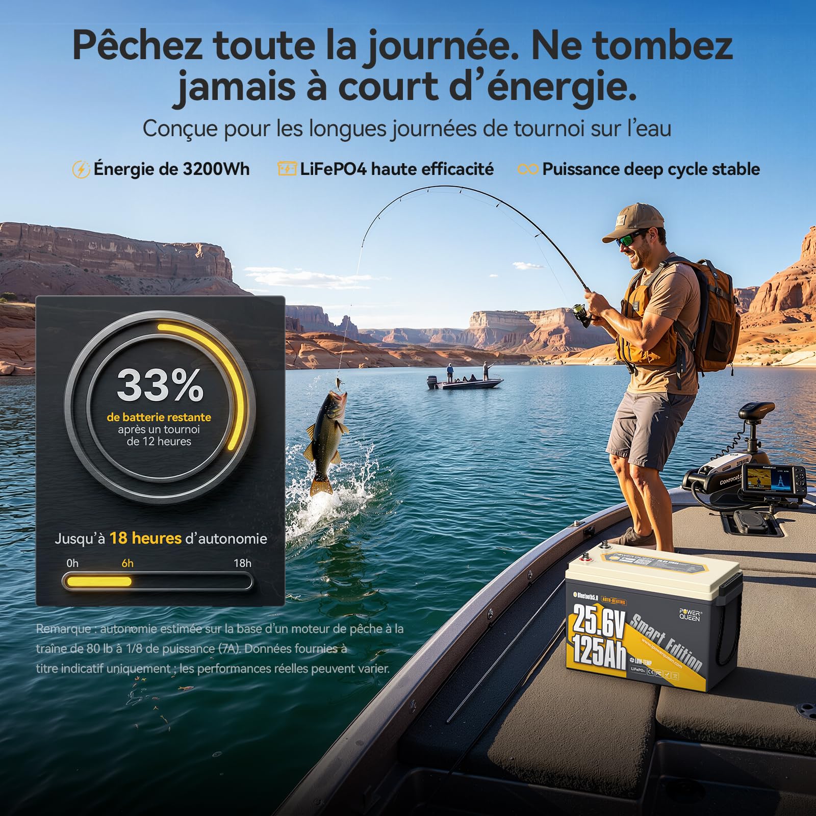 Power Queen 25.6V 125Ah Batterie Lithium Bluetooth Auto-Chauffage, BMS 125A 3200Wh Énergie Batterie LiFePO4, IP67 Étanche 15000+ Cycles Profonds, pour Camping-Car, Caravane, Moteur Électrique Bateau