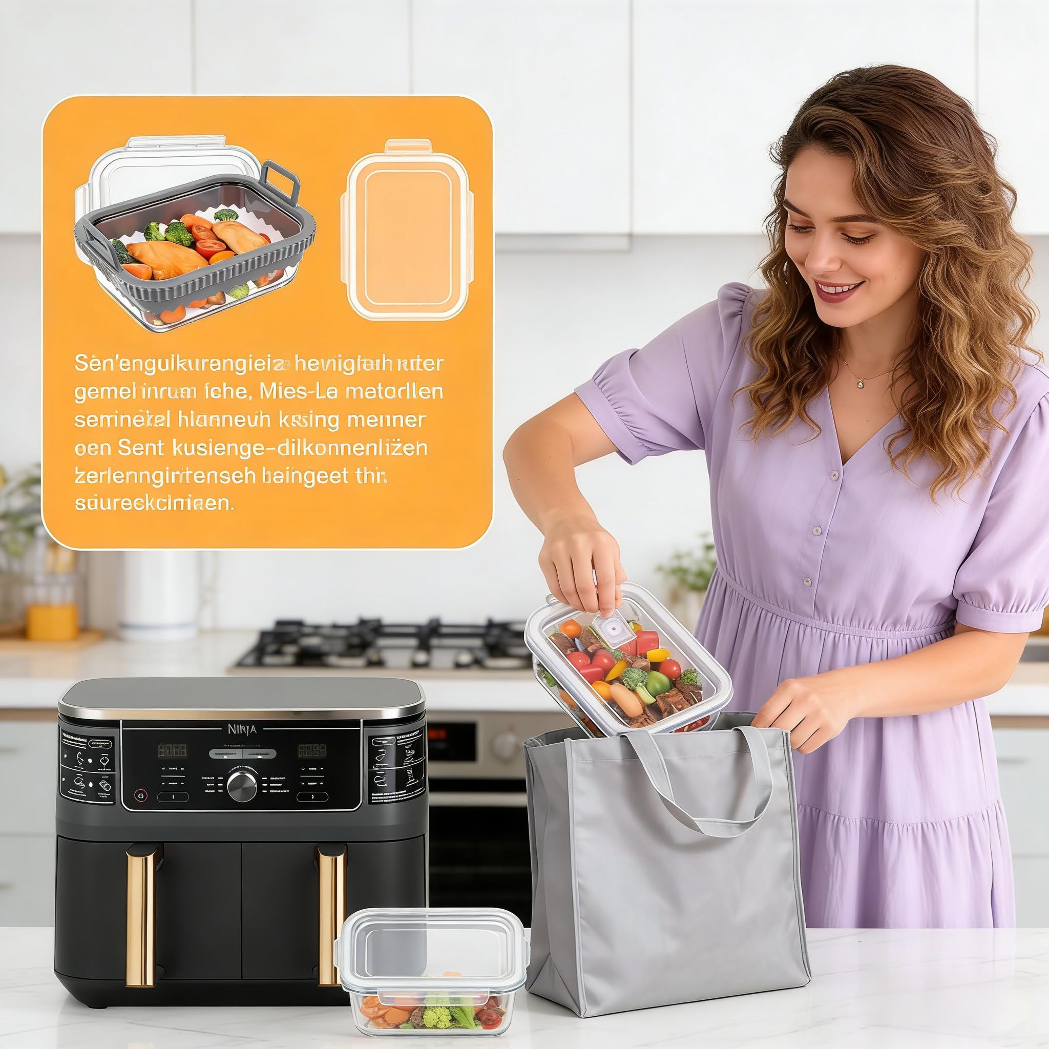Pirofila Airfryer per Ninja & Cosori | Stampo in vetro con coperchio e manici rimovibili | Resistente al calore per accessori Ninja Airfryer AF400EU/AF500EU/SL400EU | Lavabile in lavastoviglie (grigio