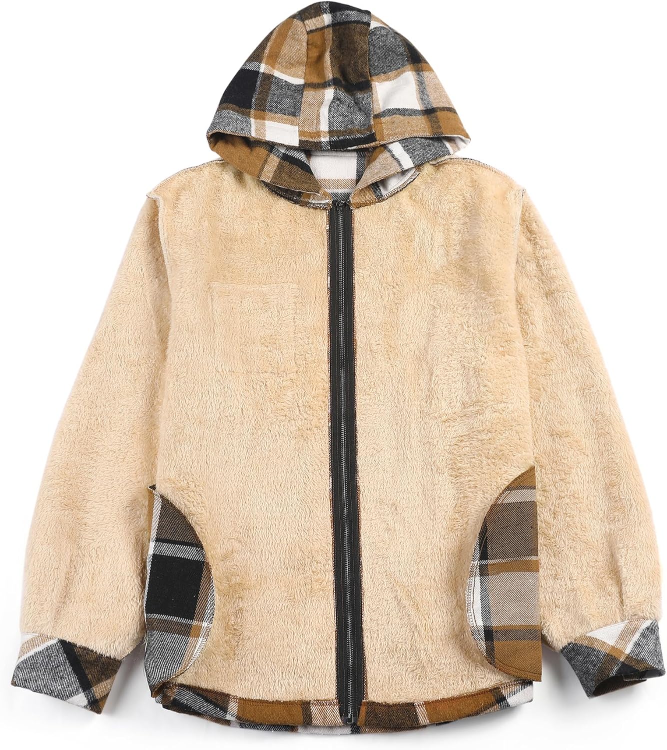 COOFANDY Men Flannel Zip Up Hoodie Fleece Lined Flannel Shirt Jacket Brown Sherpa Zipper Jacket Plaid Winter Jacket - Image 4