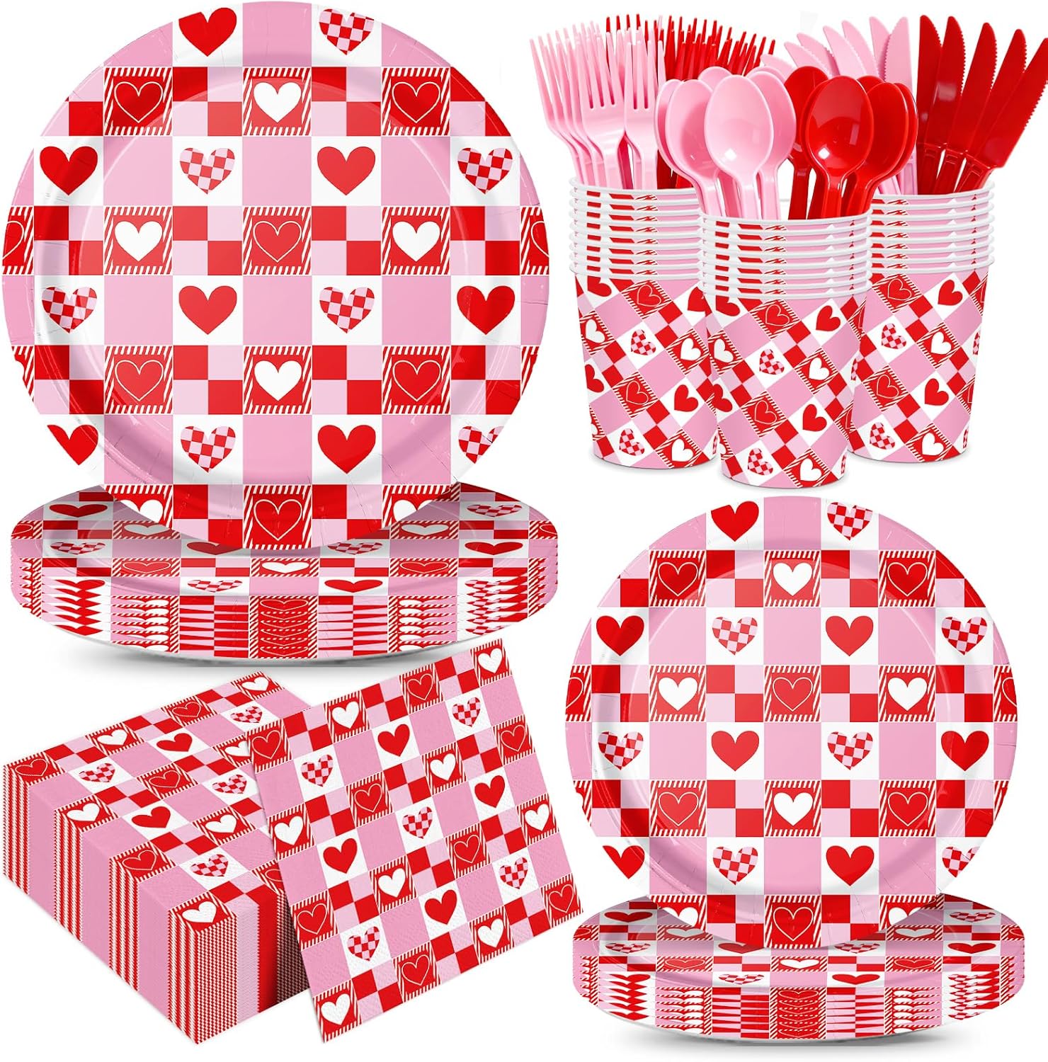 168pcs Valentine Party Supplies Paper Plates Napkins Red Heart Checkered Disposable Tableware for Valentine Party Dinnerware Serve 24 Guests