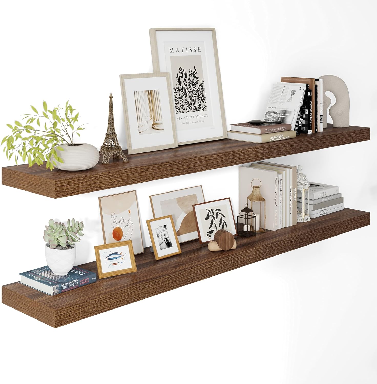 Vivelove Wide Floating Shelves for Wall 12 Inch Deep, 55" X 12" X 2" Floating Shelf, 2 Inch Thick Shelf for Living Room Bathroom Bedroom Kitchen Book Room, Rustic Farmhouse Decor Set of 2, Walnut 55.1"W x 12"D x 2"H,Set of 2 Walnut