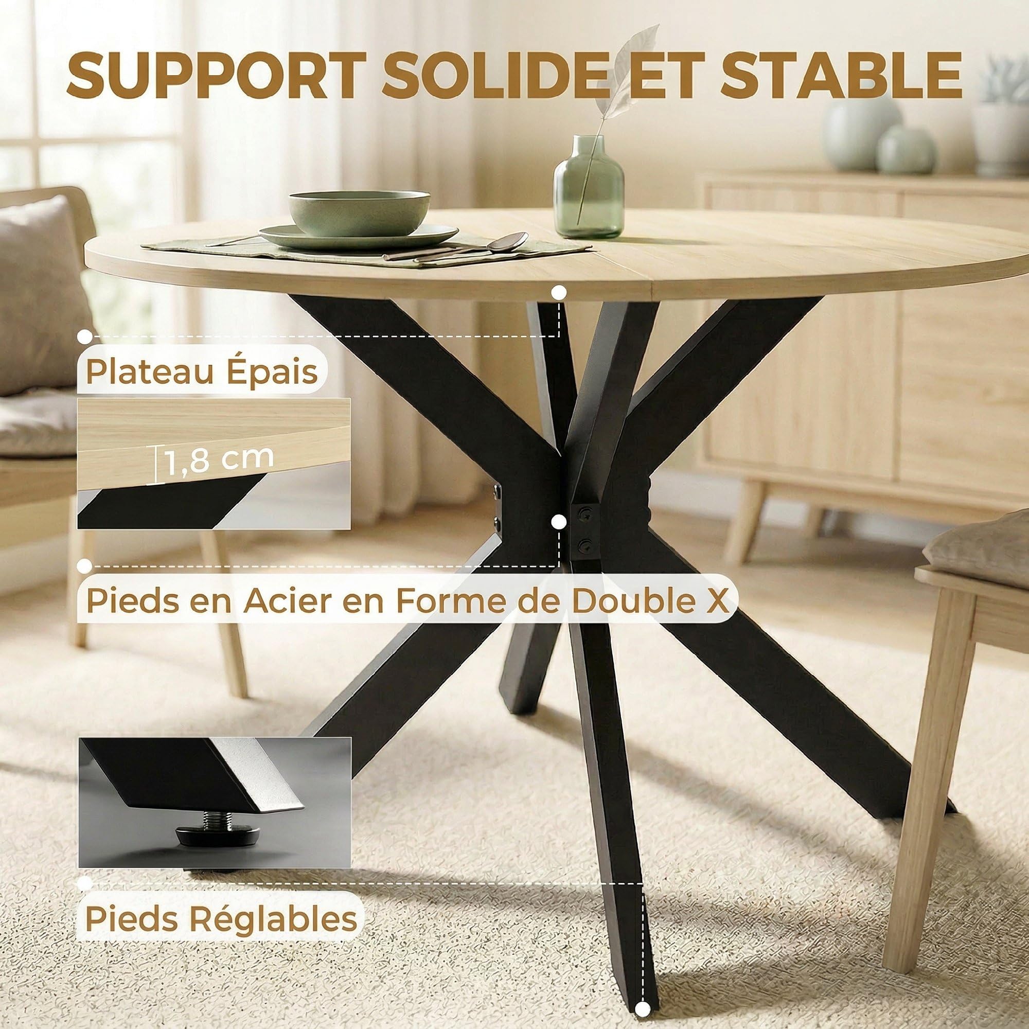 HOMCOM Table à Manger Pliante Ronde 2-6 Personnes Ø110x76 cm Bois Naturel | Table de Cuisine, Plateau Rabattable, Pieds Croisés en Acier, pour Petits Espaces, Salle à Manger
