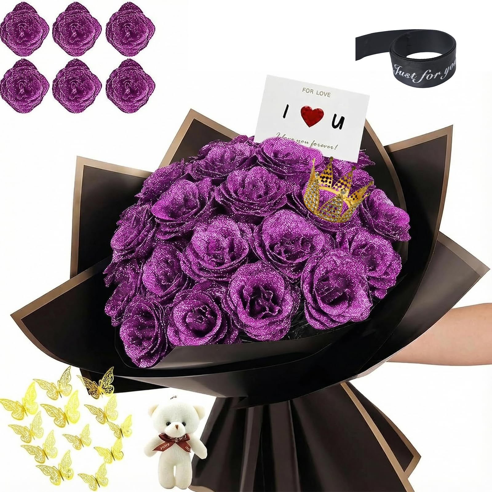 Glitter Roses Bouquet, DIY Fake Glitter Flowers Bouquet, Everlasting Shiny Artificial Red Rose Bouquet, Anniversary, Engagement, Wedding,Purple,24 Roses