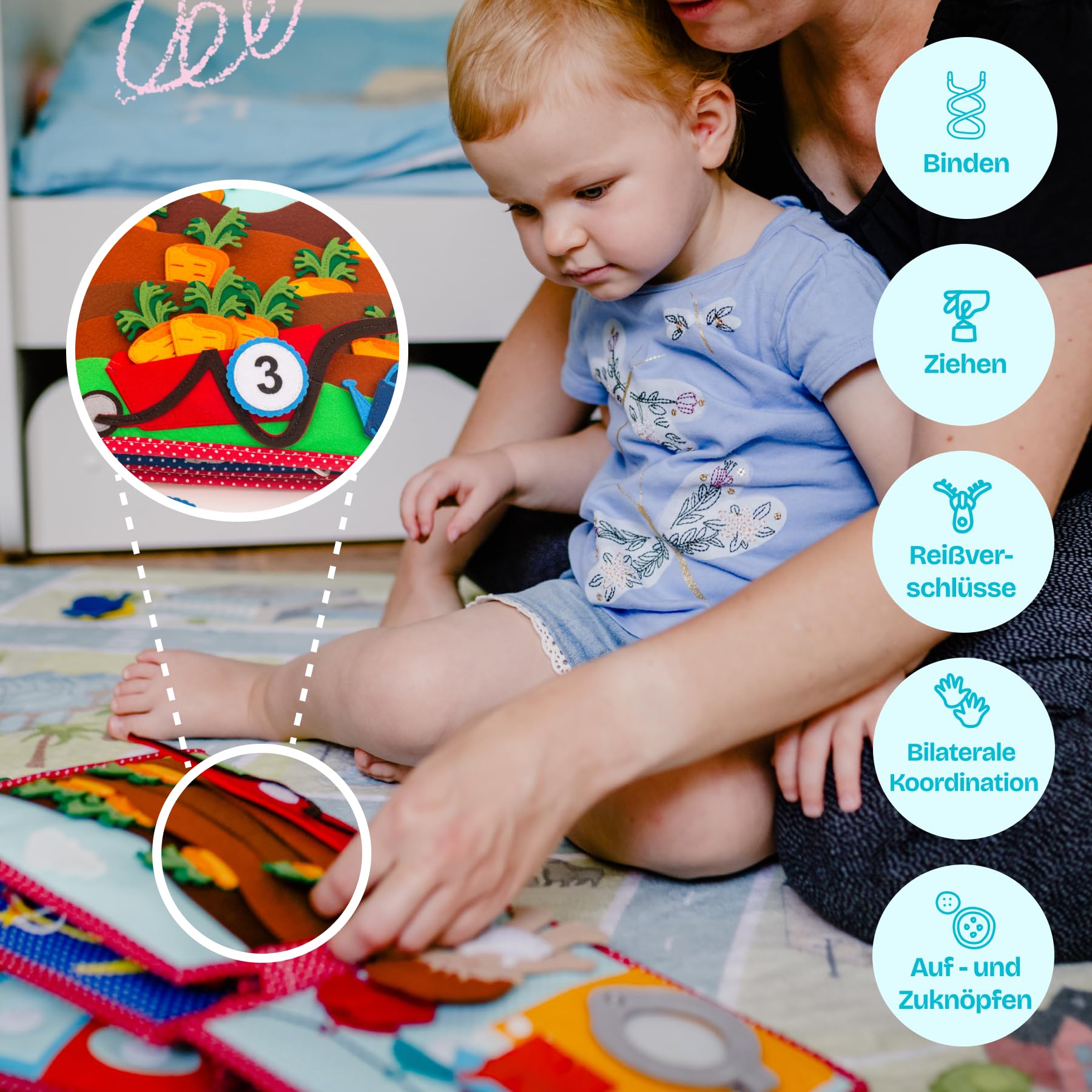 Jolly Designs – Du Glückspilz - 6 Seiten Quiet Book – Montessori Spielzeug ab 2 Jahren – Motorik & Sensorik fördern – Handgefertigtes Filzbuch – Lernspielzeug für Kleinkinder – Busy Book für unterwegs