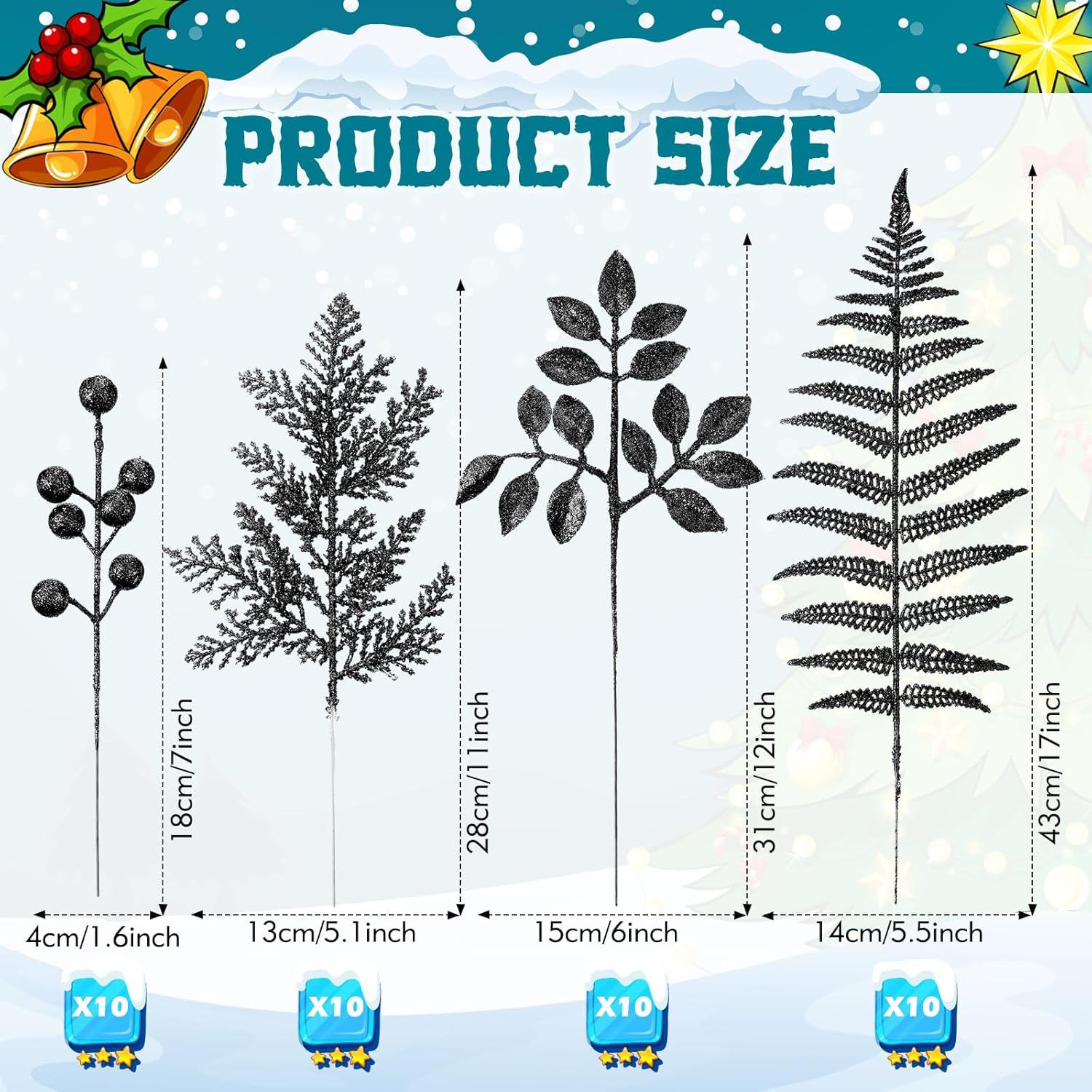 40 Pcs Christmas Glitter Artificial Picks Set Leaf Sprays Cedar Picks Glitter Berries Stems Tropical Leaf Pine Needles Christmas Stems Branches for Tree Vase Home(Black) Black 40