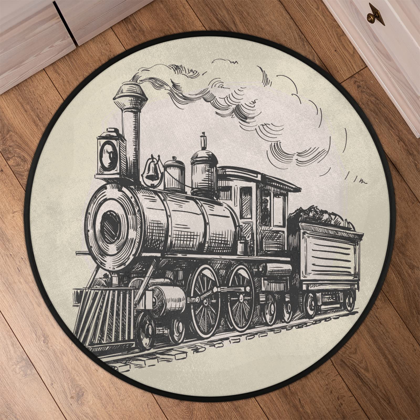 Tapis rond rétro de 91,4 cm, lavable en machine, motif train à vapeur, antidérapant, doux, pour salon, chambre d'enfant, chambre d'enfant