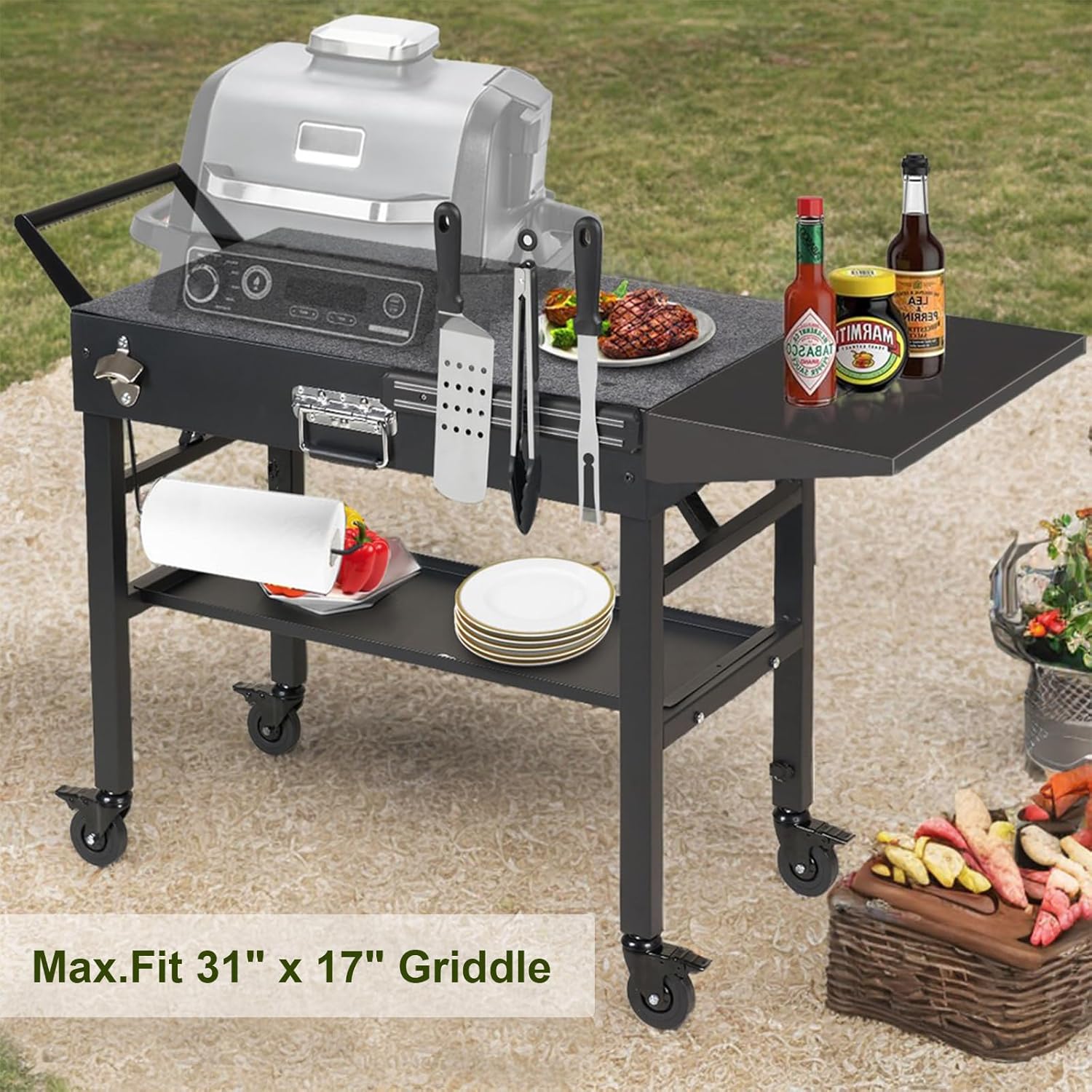 Grill Table & Cart for Blackstone Griddle, Portable Foldable Outdoor Griddle Stand with Wheels & Caddy, Fit 17 inch and 22 inch Tabletop Grill, BBQ Prep Table with Seasoning Tray for Camping