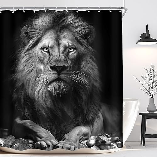 Miniatura 7 de KOMLLEX Cortina de ducha de león africano para decoración de baño, 60 pulgadas de ancho x 72 pulgadas de alto, cortina de ducha para hombre, monedas