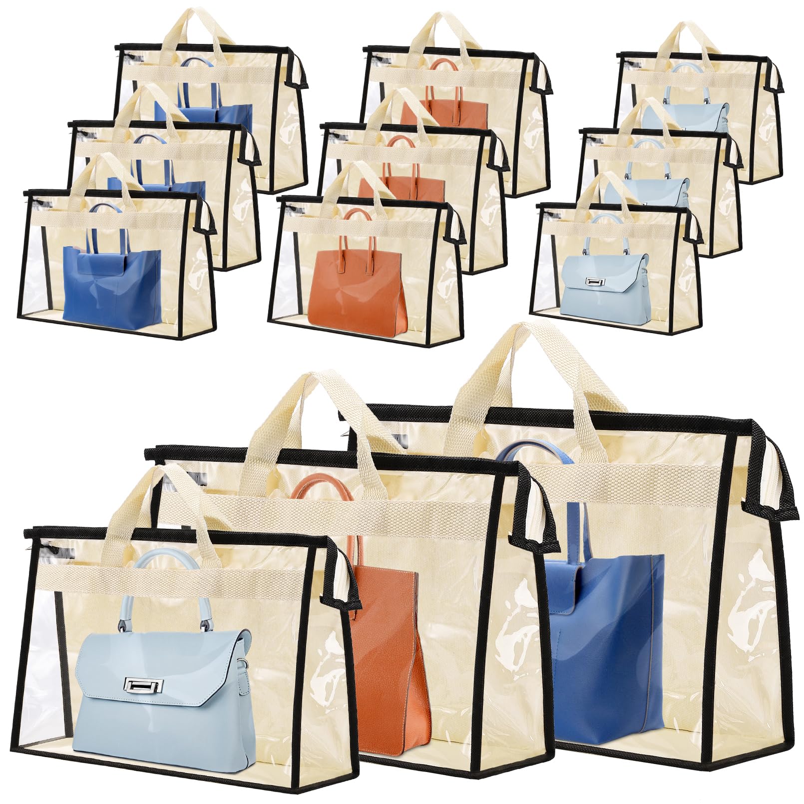 Incisite Transparent 12 Pcs Dust Bags For Handbags,Purse Protector Storage Bag,Purse Cover Hanging Closet Organizer With Zipper Handle,Clear Handbag Storage Organizer For Closet,3 Assorted Sizes(Beige)