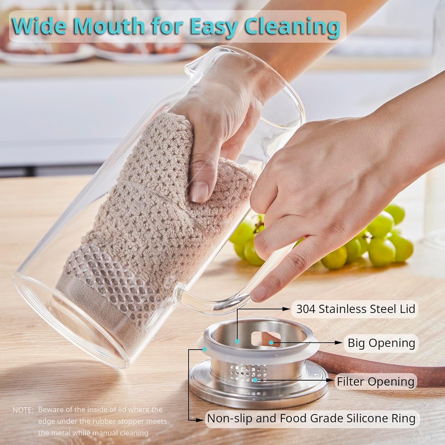 Bivvclaz 1.2 Liter 40 oz Small Glass Pitcher with Lid and Handle, Glass Carafe for Hot/Cold Water, Iced Tea Jug for Coffee, Juice and Homemade Beverage - Image 4