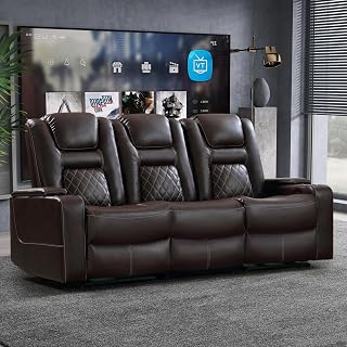 CANMOV Home Theater Seating Seats, Theater Recliner Chair Sofa, PU Leather 3 seat Power Recliner Sofa with Cup Holders, Hidden Arm Storage, USB Ports,Brown