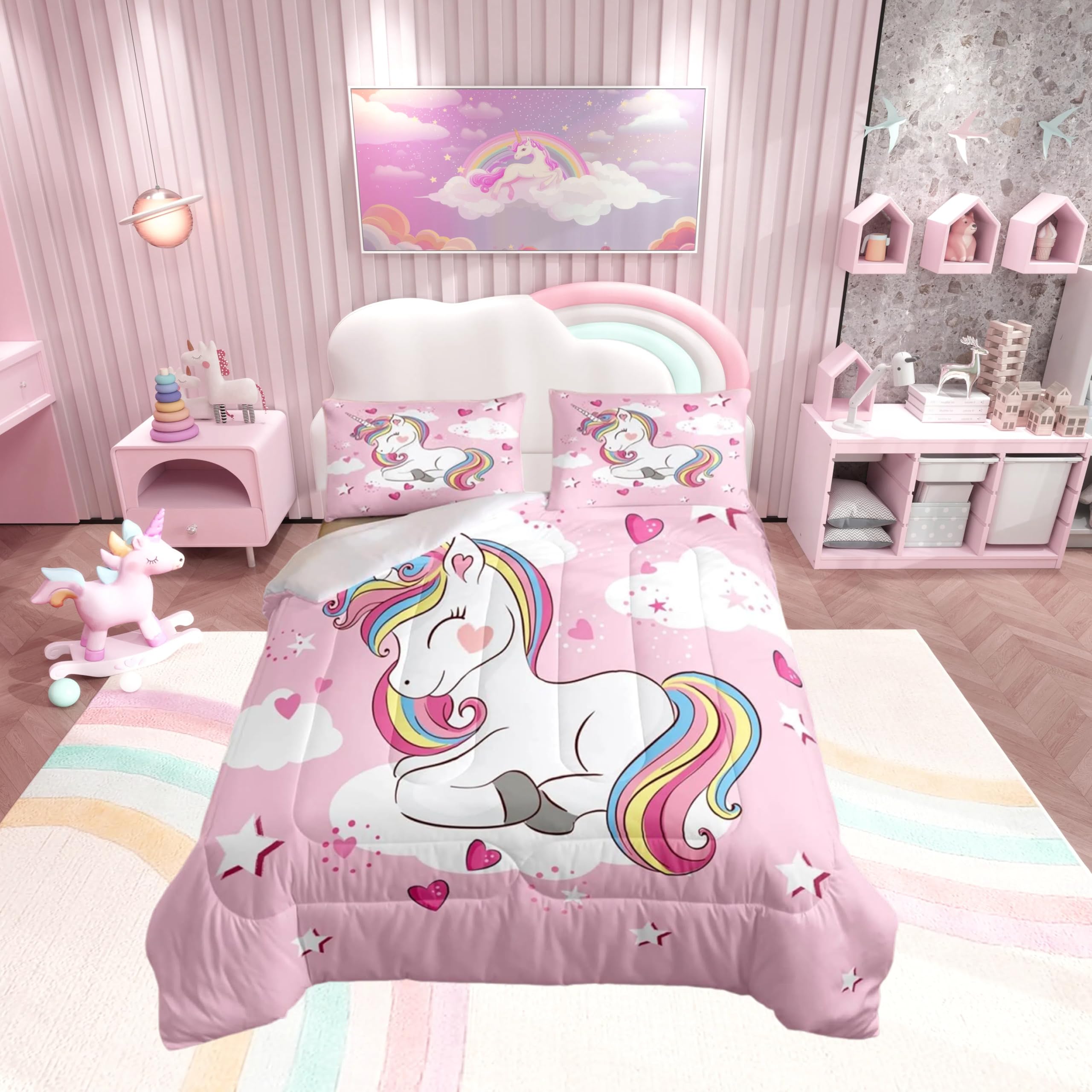 Loussiesd Juego de edredón de unicornio para niños y niñas, juego de ropa de cama con corazón rosa, regalo de unicornio, edredón acolchado de plumón tamaño individual OEKO-TEX STANDARD 100