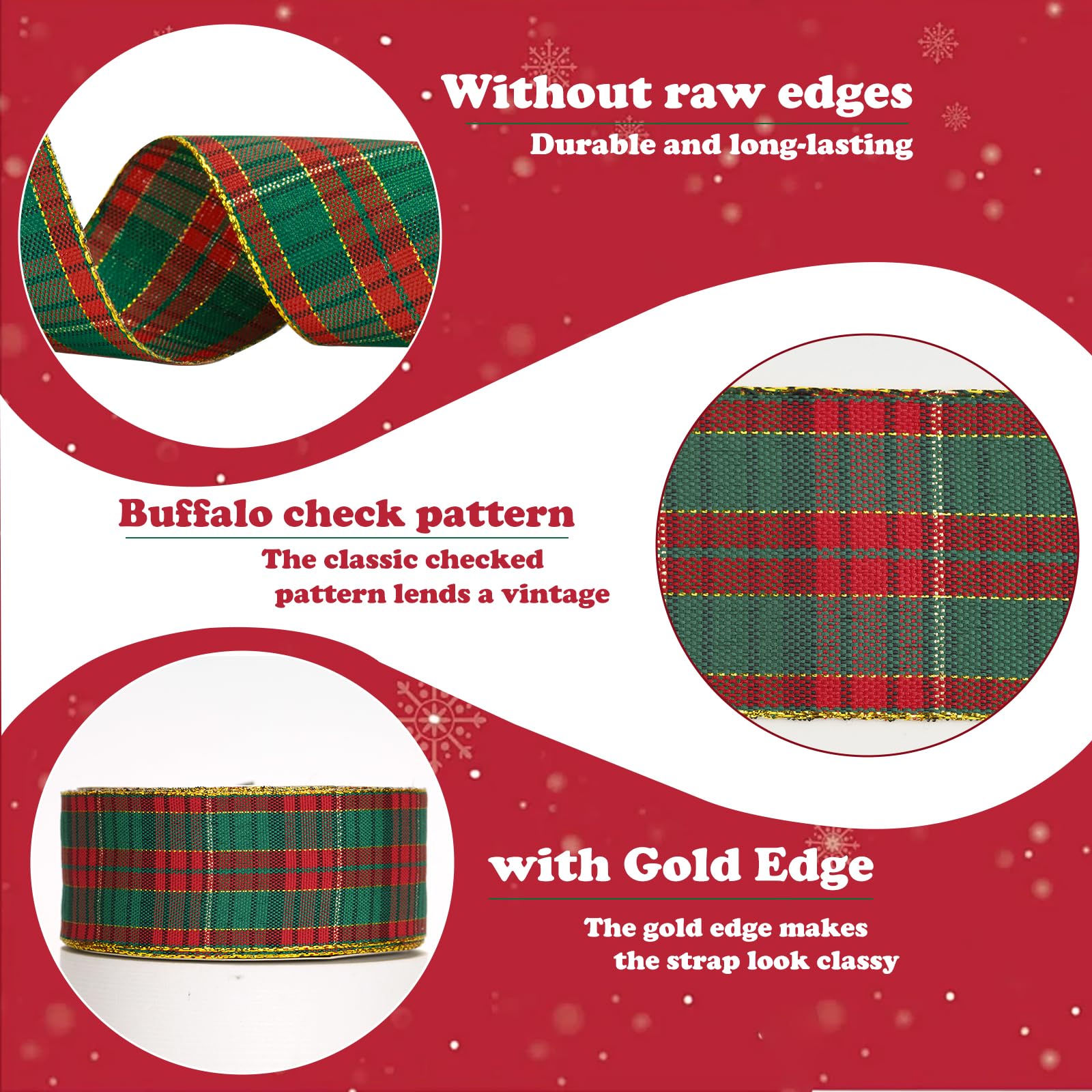 Ruban De Noël Rouge Et Vert à Carreaux Avec Bordure Dorée - 40 Mm X 22 M - Pour Emballage Cadeaux Et Déco Sapin