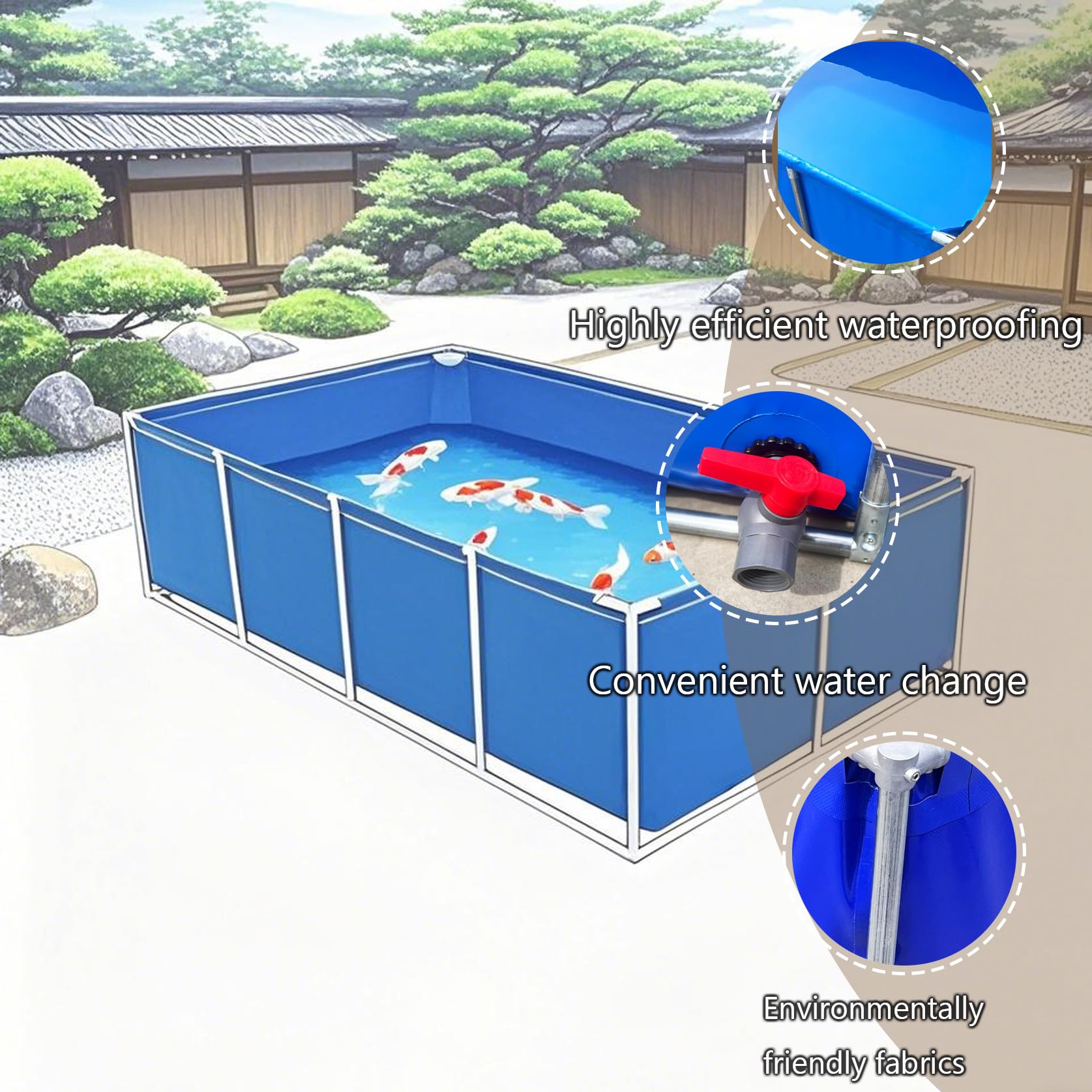 Aquarium-Teichbecken mit Rahmen und Ablassventil, PVC-Plane für oberirdischen Fischteich, Koi und Goldfische