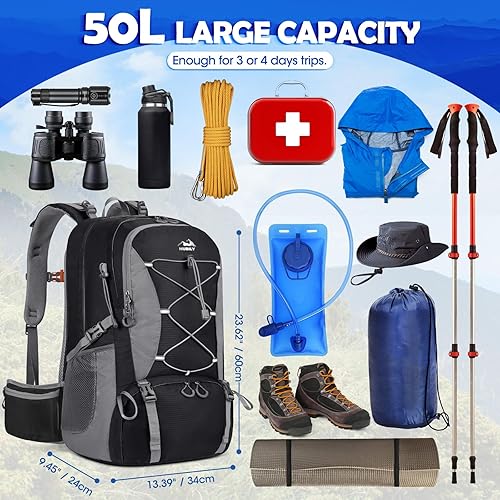 Miniatura 2 de NUBILY Mochila de senderismo de 50 litros impermeable para hombres y mujeres, ligera, mochila de senderismo para viajes al aire libre