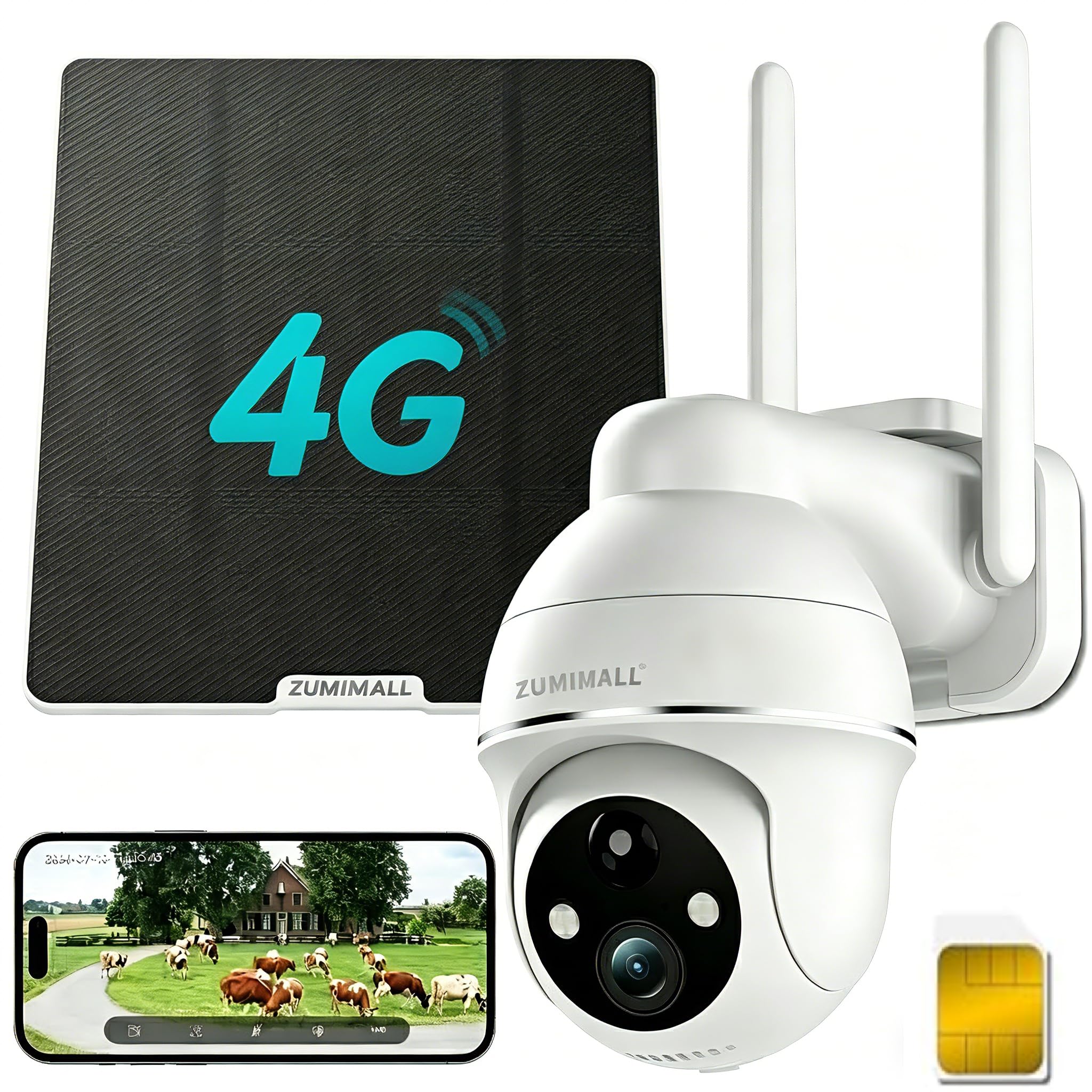 ZUMIMALL 4G LTE Cellular Security Camera, No WiFi Outdoor Camera Wireless, Solar Powered Off Grid Cameras, 360° Live View, 2K Color Night Vision, PIR Motion Sensor, 2 Way Talk, Built in SIM Card White - 4G LTE Solar Cam
