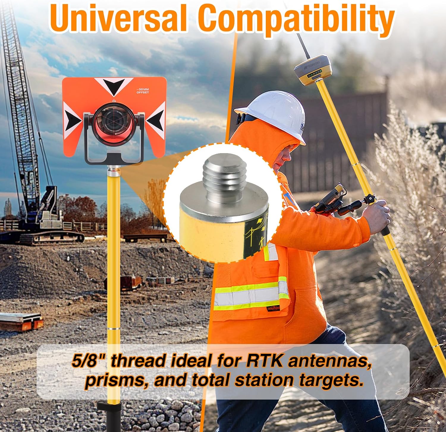 4-Section Aluminum GPS Rover Rod, Telescopic Survey Pole with 5/8" Thread for RTK GNSS & Total Station, 32mm OD Lightweight Surveying Prism Pole with Bubble Level for Land Surveying