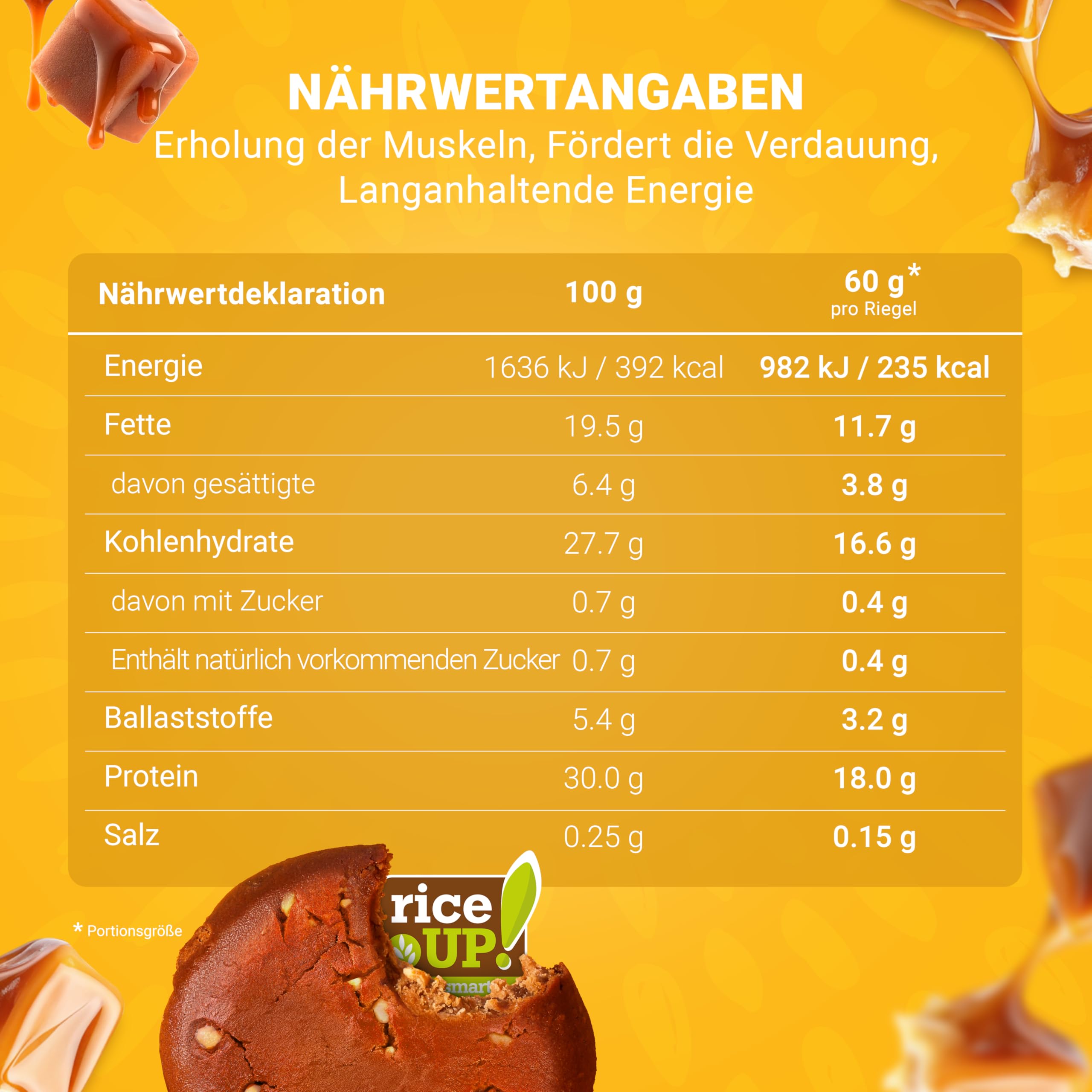 RiceUP! Eat Smart Weicher Protein Keks mit Kollagen – Toffee-Caramel-Geschmack, 10 x 60g | 8g Kollagen-Peptide (Typ I+III), 18g Protein, ohne Zuckerzusatz | GLUTENFREI (10 x 60g, Toffee)