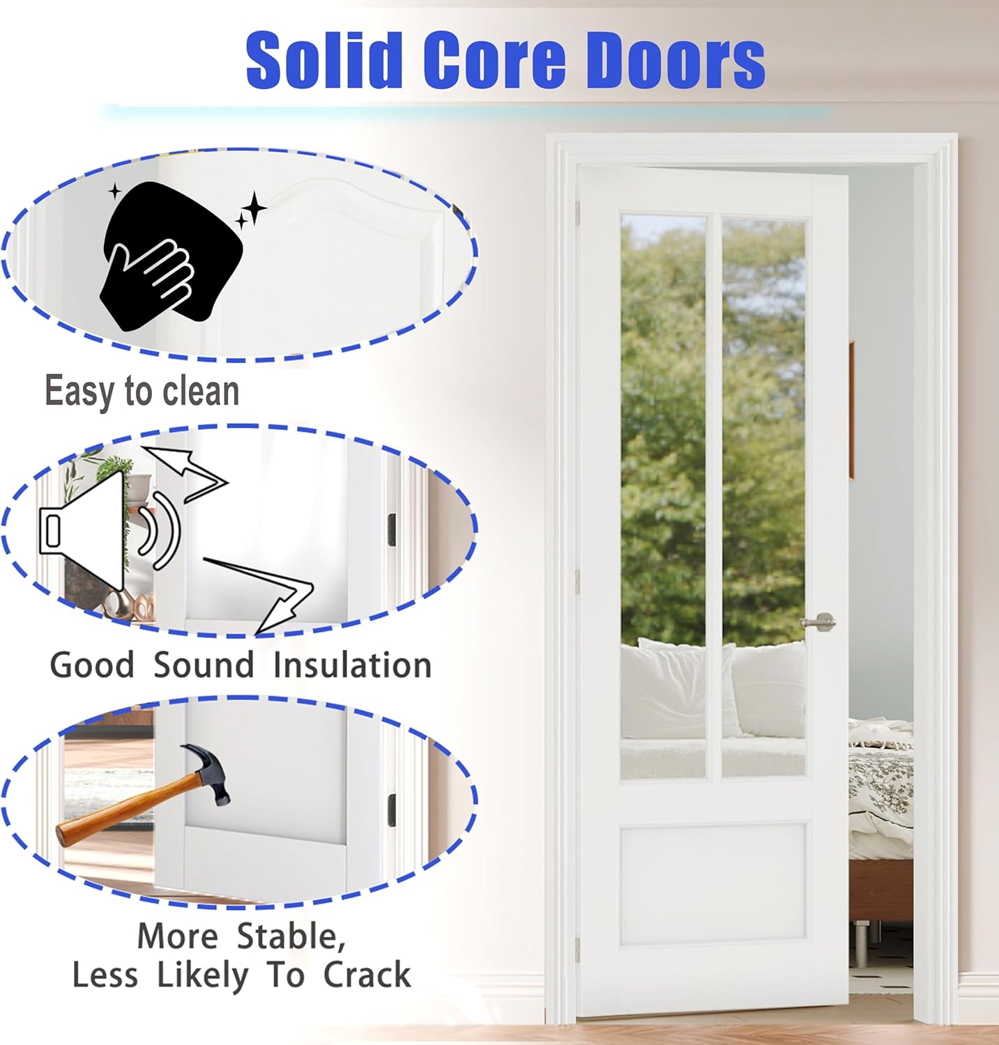 30" x 80" Prehung Door, Left-Handed, 2-Lite Mirror Prehung Interior Door with Pantry/Bedroom, White MDF with Hardware Kit