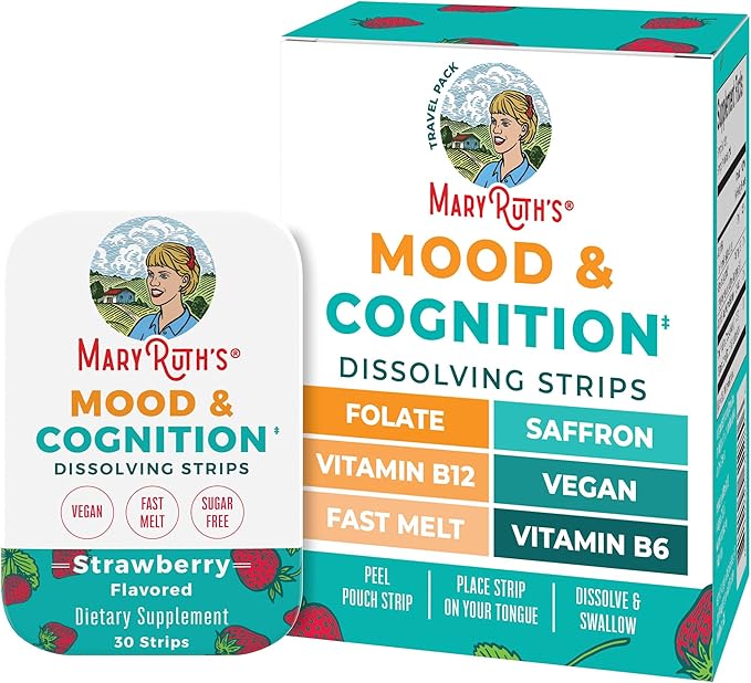 Mood & Cognition Dissolving Strips by MaryRuth's | Vitamin B12 | Vitamin B6 | Saffron | Folate | B Vitamins | Sugar Free | Strawberry Flavor | Vegan | Gluten Free | Dairy Free | 30 Count