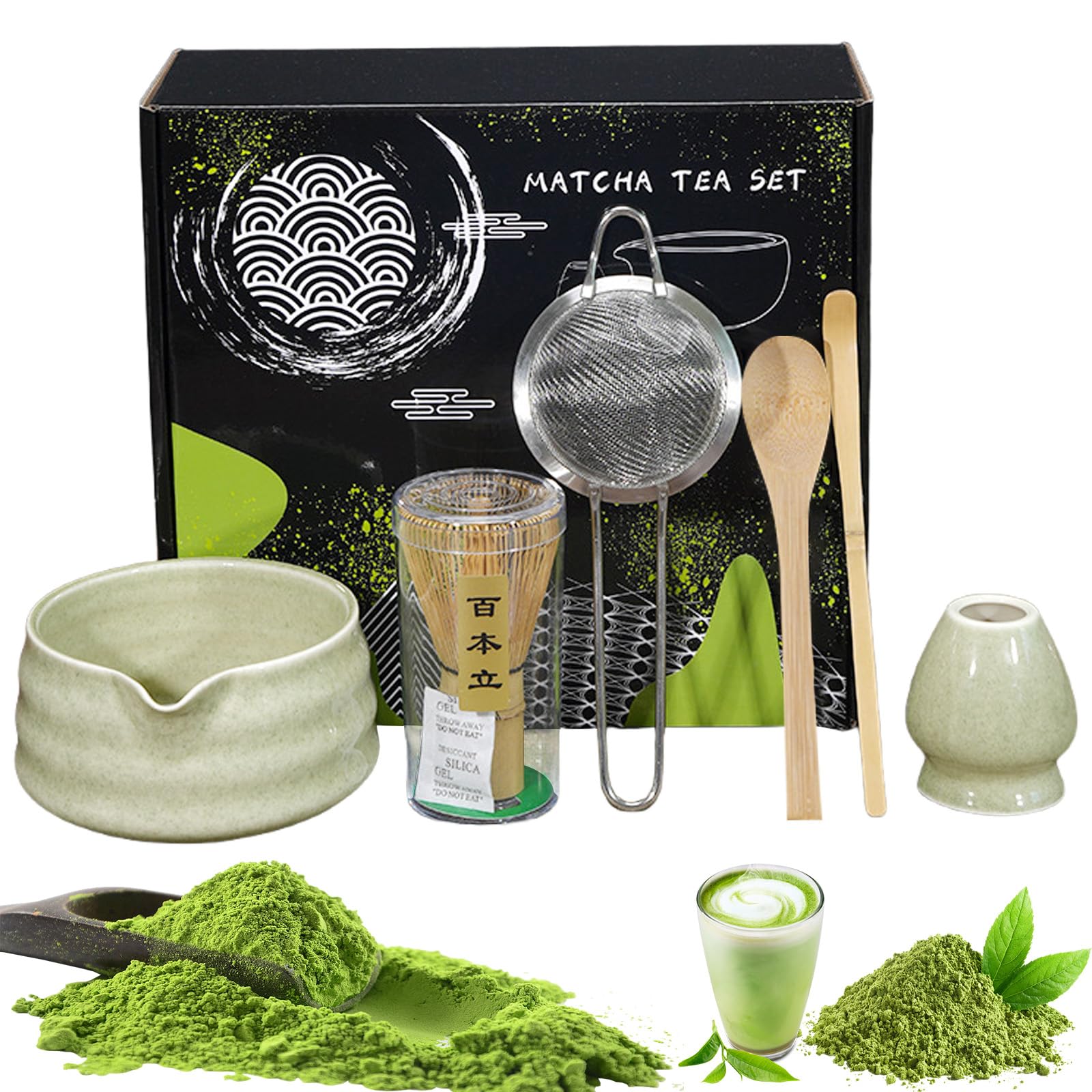 6-teiliges Japanisches Matcha Set, Matcha-Schale mit Ausgießer, Matcha-Besen Filtersieb Löffel Besenhalter & mehr, Stilvolles Tee-Set für Einsteiger & Matcha-Liebhaber (Matcha)