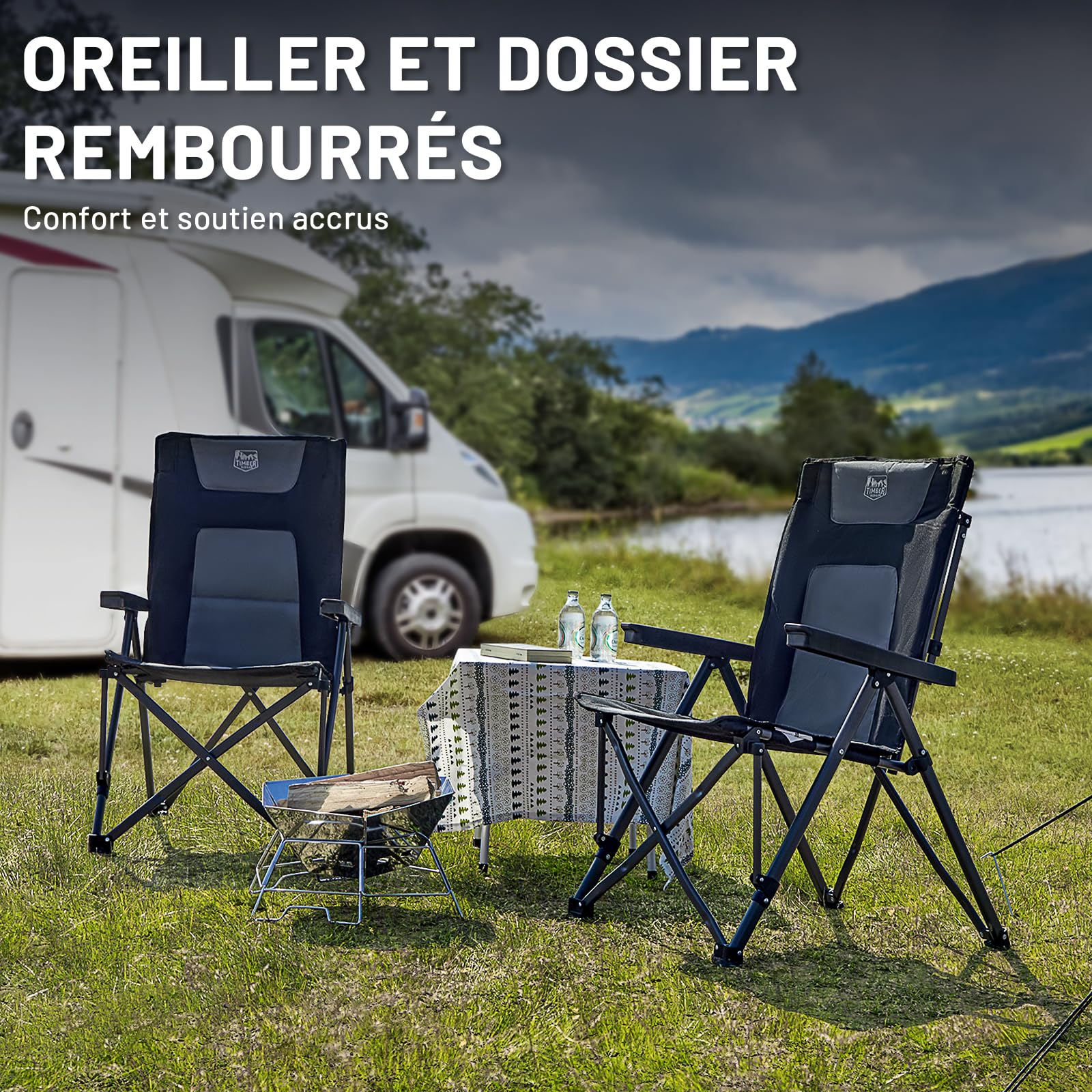 TIMBER RIDGE Chaise de Camping Pliante Réglable 4 Positions Charge 260kg | Fauteuil pliable dossier réglable 4 positions, avec accoudoirs confortables, charge max. 260kg pour camping, jardin et pêche