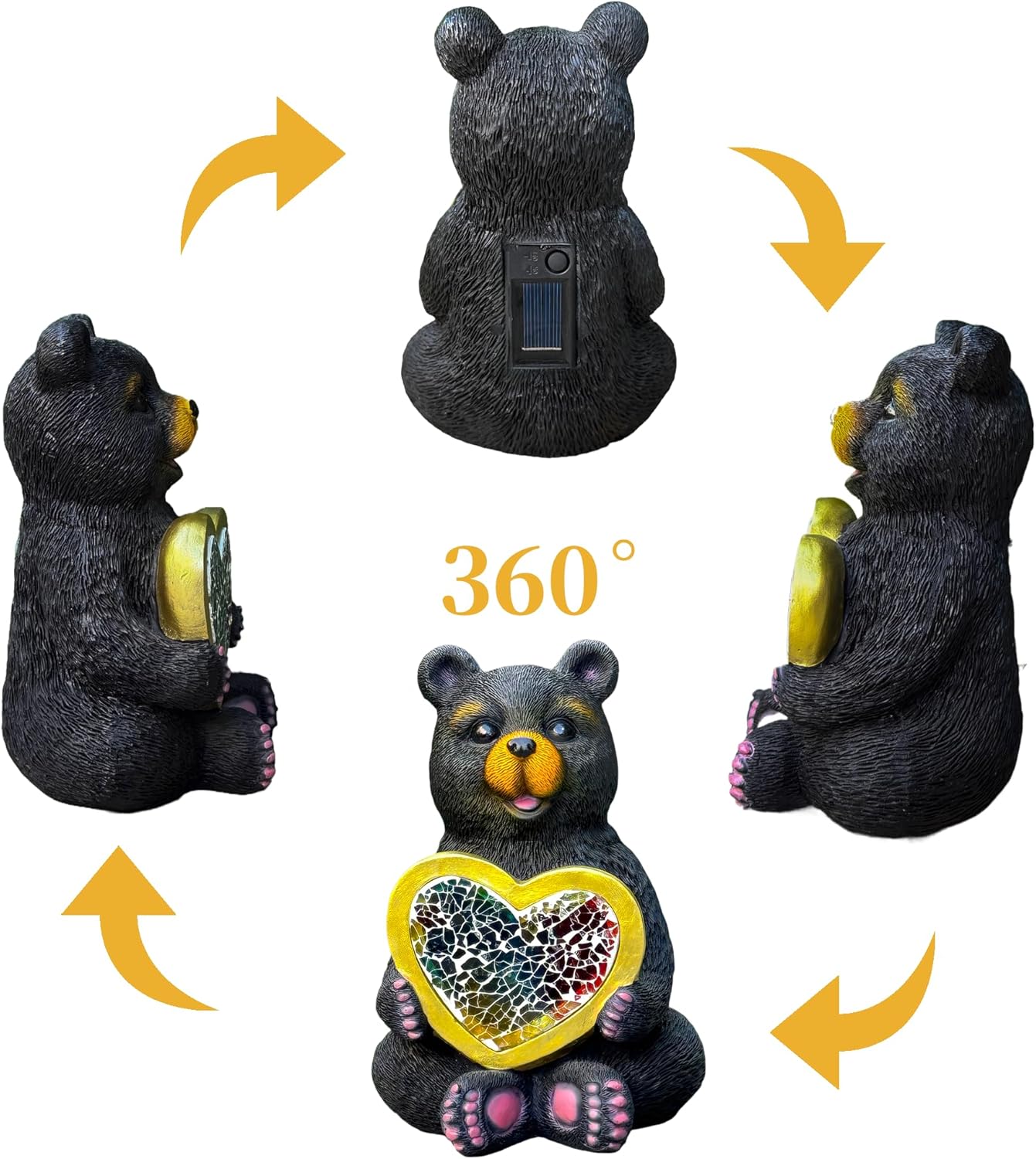 Solar Garden Sculpture: Unique Resin Black Bear Holding a Heart Outdoor Mosaic Solar Light Ideal for Gardens, patios, and courtyards Gift or Decorative piece-Black