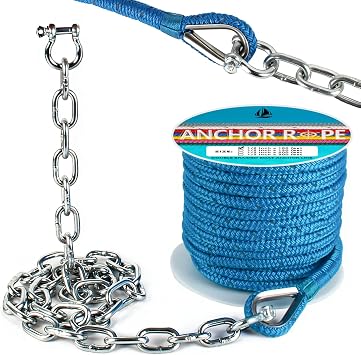 1/2" Anchor Rope 100 FT with 1/4" x 10 FT Galvanized Chain, Double Braided Anchor Line with Thimble & Shackle, Boat Anchor Rope with Reflective Strip for Towing, Mooring, Deck, Boats Up to 35 - Blue