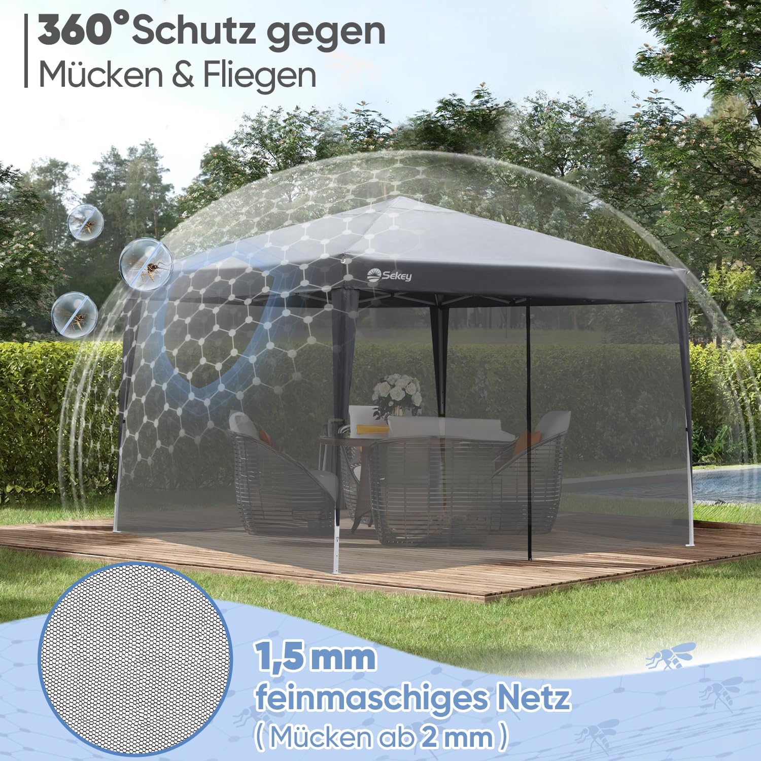Sekey Moskitonetz für Pavillon 3x3 m (KEIN Pavillon im Lieferumfang) mit einem Reißverschluss-Eingang und Klettbänder, Insektenschutz Mückennetz, Schwarz