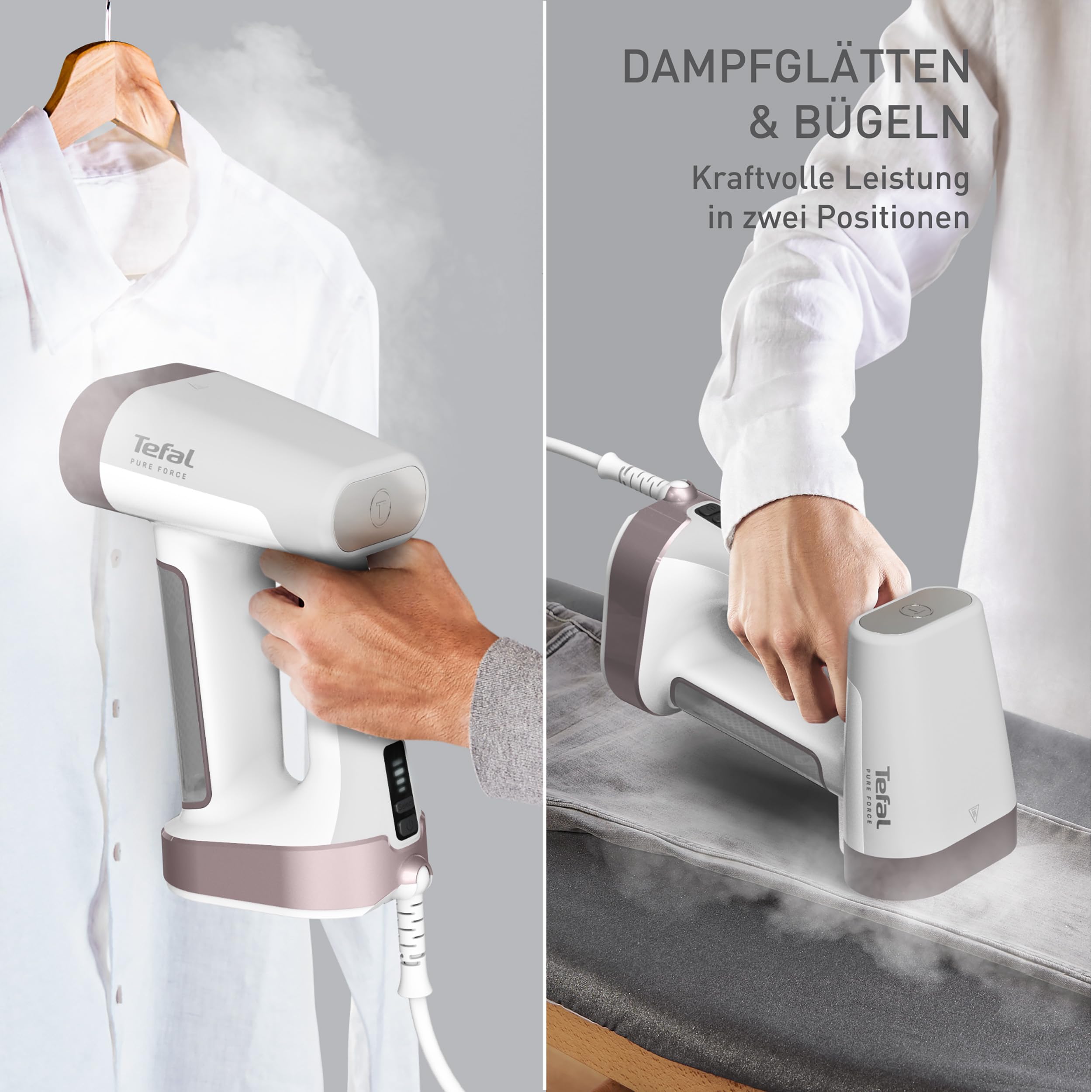 Tefal Pure Force 2-in-1 Dampfbürste, vertikal Dampfen, horizontal Bügeln, 12 Min. ununterbrochenen Dampf, 4 Stufen, Boost-Funktion, beseitigt 99,99 Prozent der Bakterien, 25 Sek. Aufheizzeit, DT8720E0