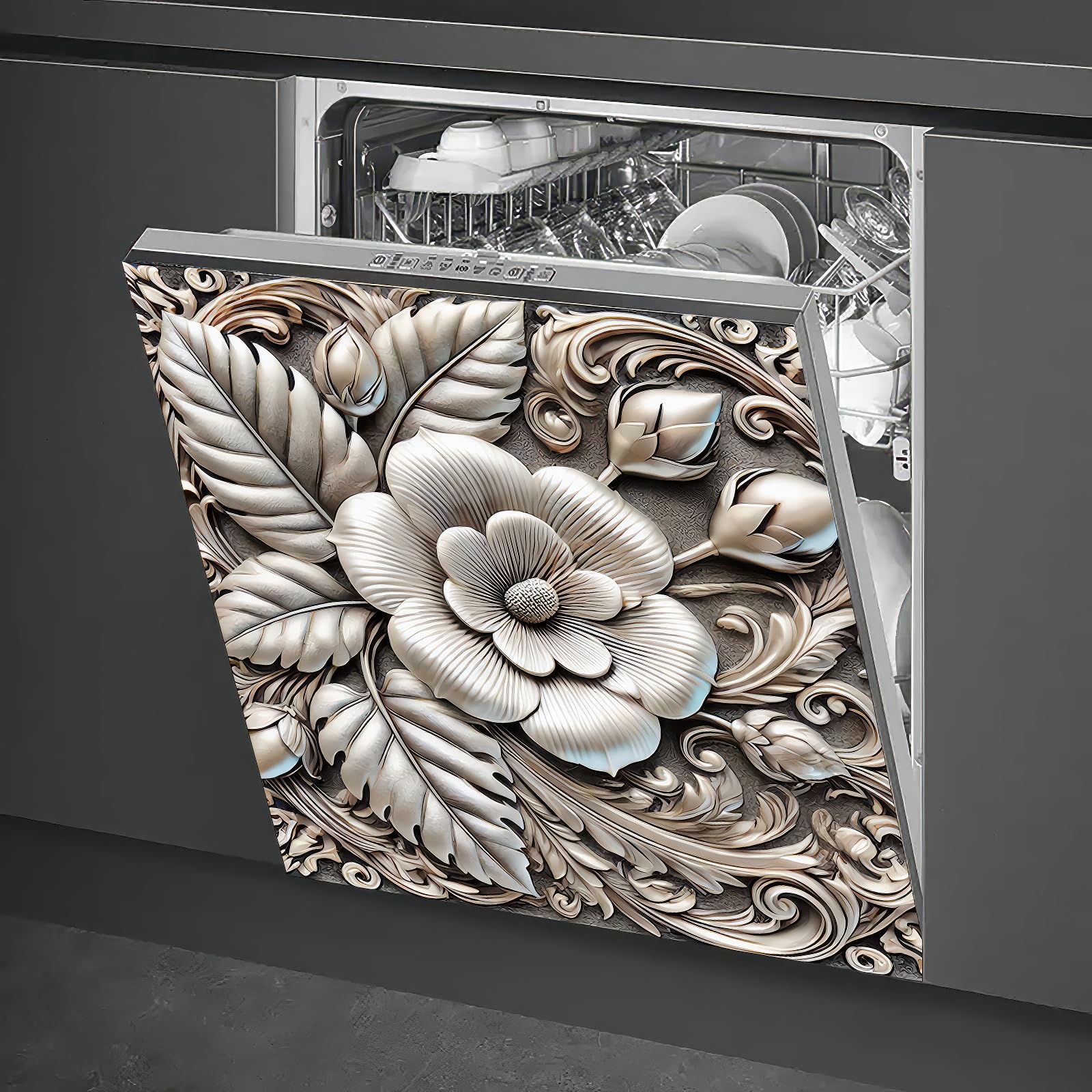HOMETITUTE Dishwasher Magnet Cover 23x26 Inch Floral Relief Pattern