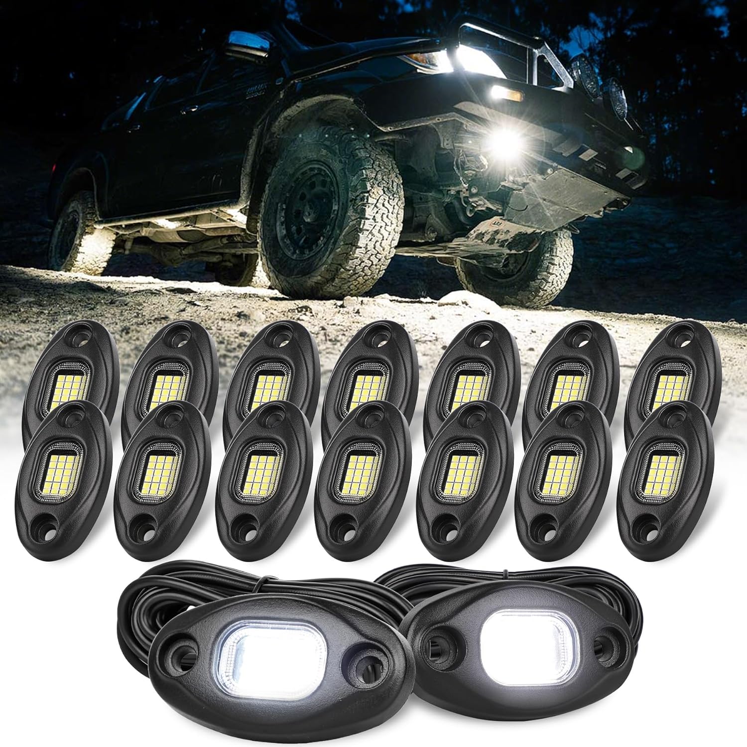 Rock Lights for Trucks-24Chip High Power 6000k Pure White, 15FT Cable Each Light, Aluminum Case, Waterproof IP68 Underglow Lights for Cars Jeep UTV ATV(16 PCS)
