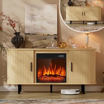 Kucreiheat Fluted TV Stand with Fireplace, Modern Entertainment Center for TVs Up to 65 inch, Wood Media Console w/Sliding Door, Curved Profile Design for Living Room, Natural Oak, 55"