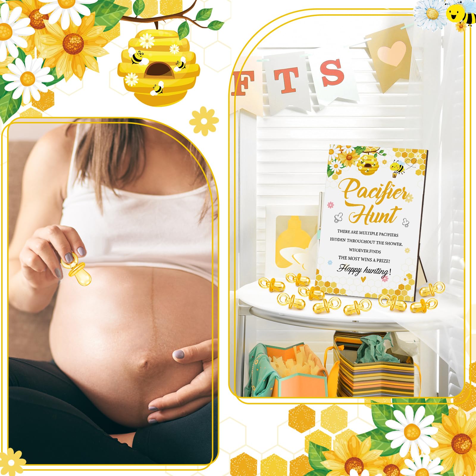 Thyle 51 juegos de caza de chupetes para baby shower, incluye letrero de caza de chupetes y 50 chupetes acrílicos para decoración de juegos de baby shower, juegos de regalo, decoración de fiesta de