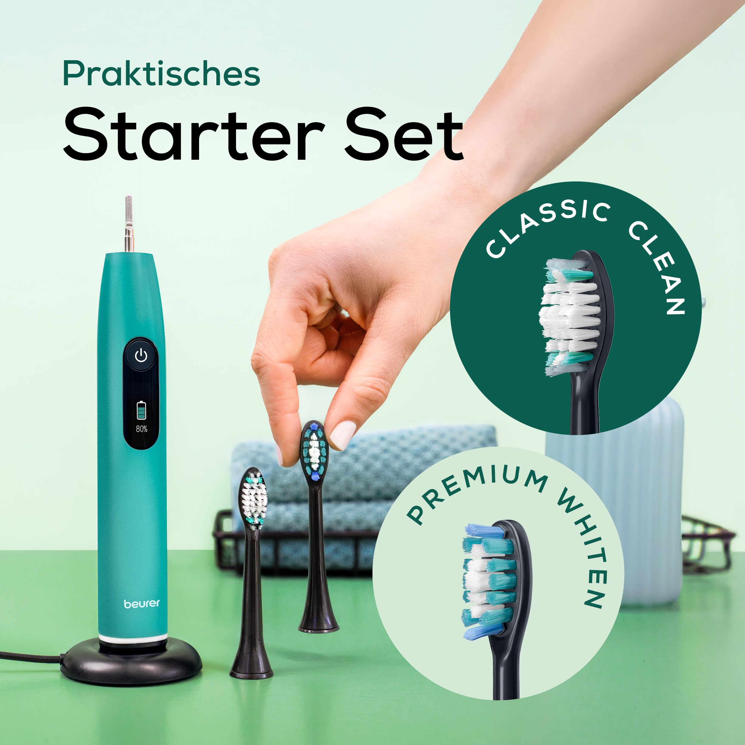 Beurer SC 50 Schallzahnbürste, elektrische Zahnbürste mit 5 Putzmodi & Andrucksensor, 80.000 Schwingungen, Display mit Putzdauer-Anzeige, inkl. 2 Aufsteckbürsten (Ocean Breeze)