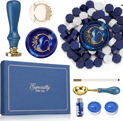 SWANGSA Kit de sello de cera inicial C de latón de marca, hojas botánicas elegantes vintage, caja de regalo
