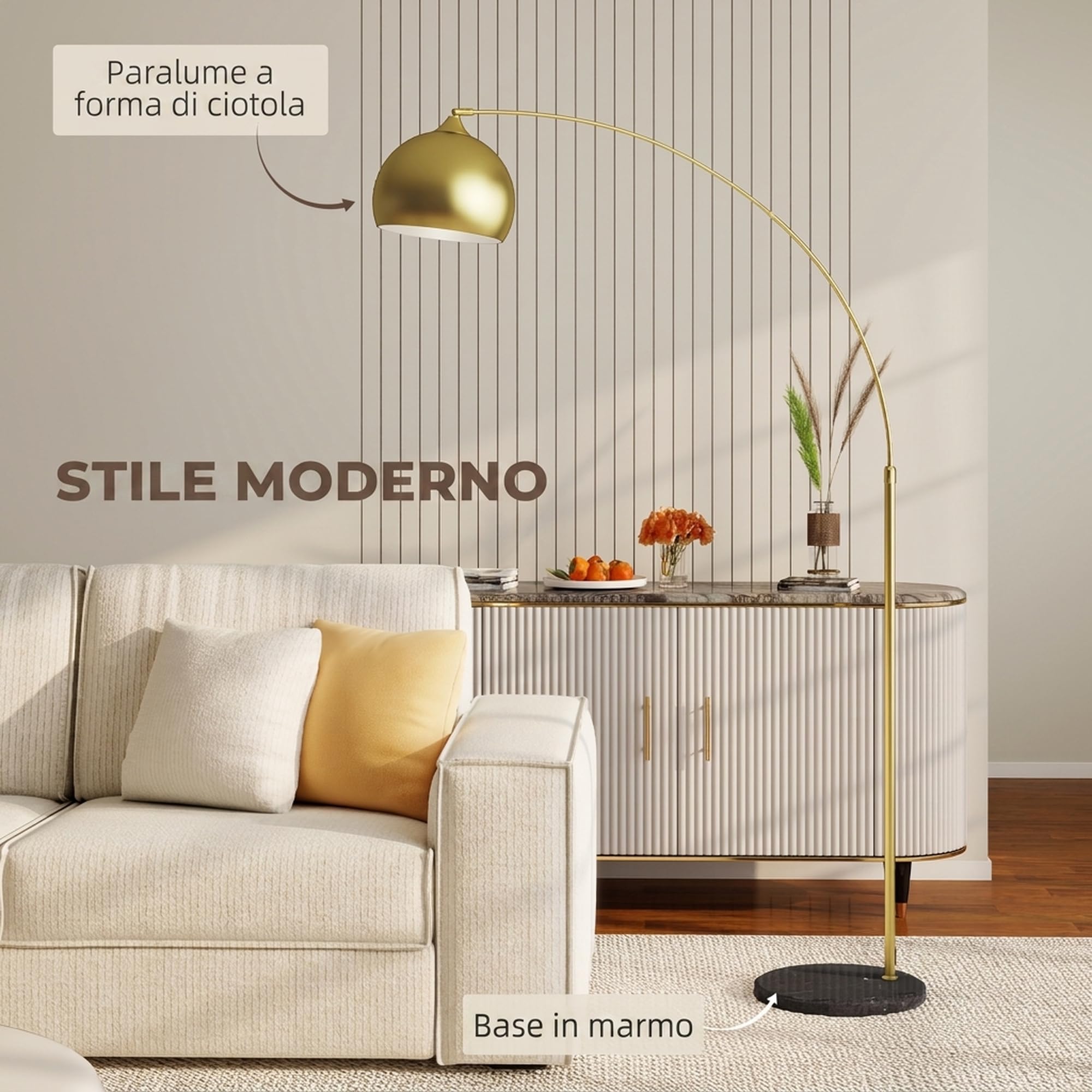 HOMCOM Lampada da Terra ad Arco Moderna Asta Regolabile in Altezza, Oro
