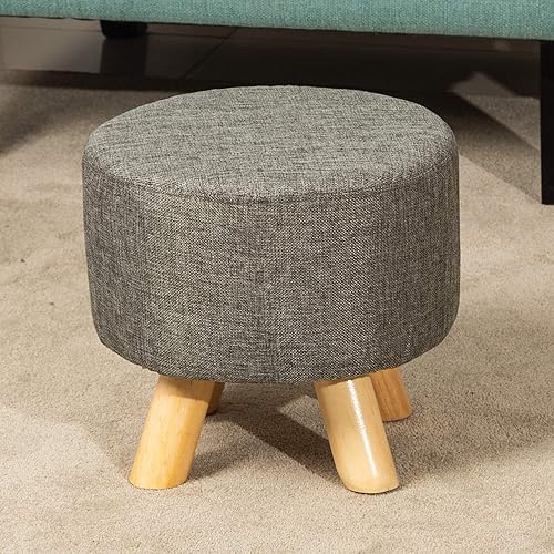 Miniatura 5 de Homebeez Taburete otomano redondo, reposapiés de tela pequeño con patas de madera antideslizantes, gris