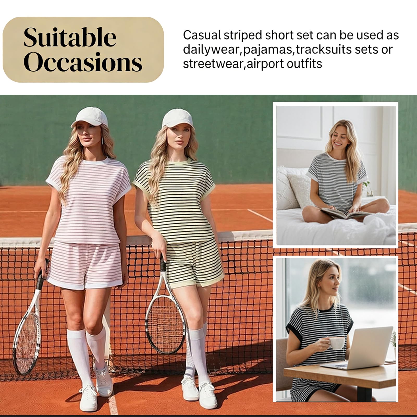 Famulily Pigiama da donna a righe estivo morbido Loungewear Top e pantaloncini Co ord Set con tasche