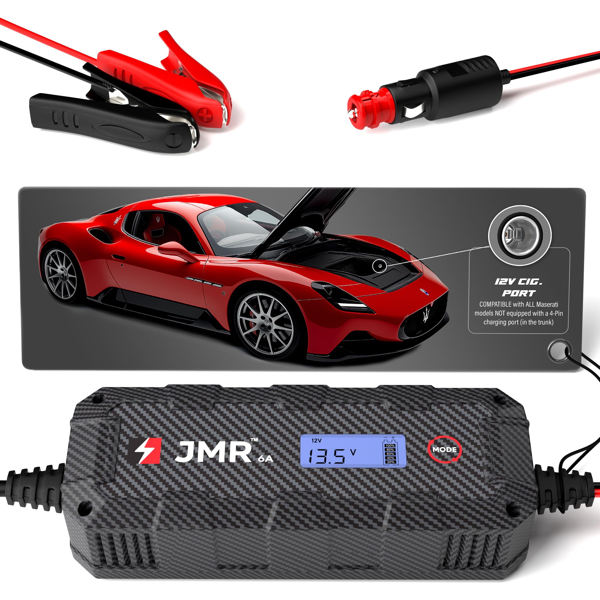 JMR Battery Charger for Maserati MC20 GranTurismo Levante Quattroporte Grecale Ghibli GranCabrio All Models Trickle Charger Conditioner Maintainer (12V Cig Port, No Lithium Mode)